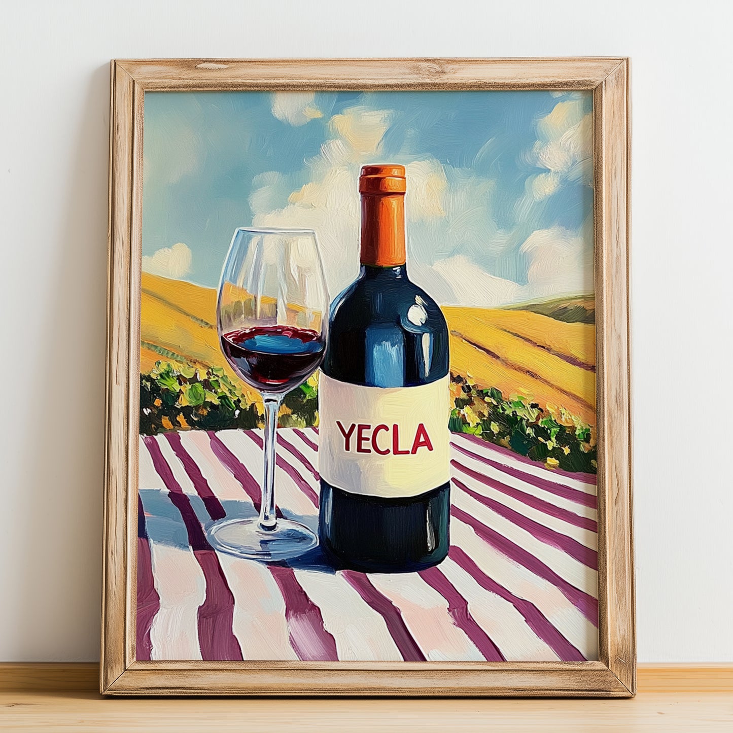 Yecla – Spanish Red Wine, Tasting Room Painting, no-text version framed in wood