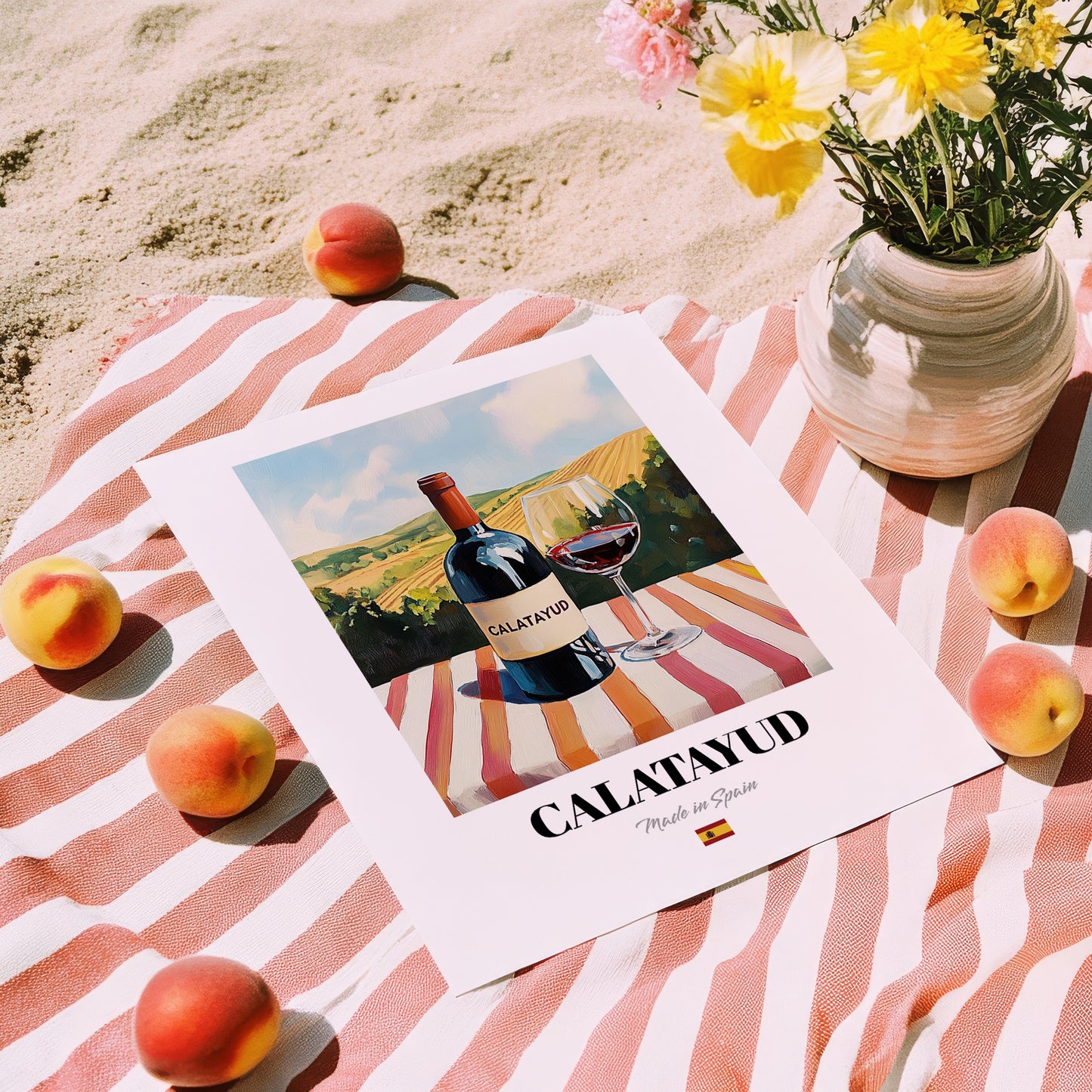 Calatayud – Spanish Red Wine, Vineyard Terrace Poster, unframed on coastal sand