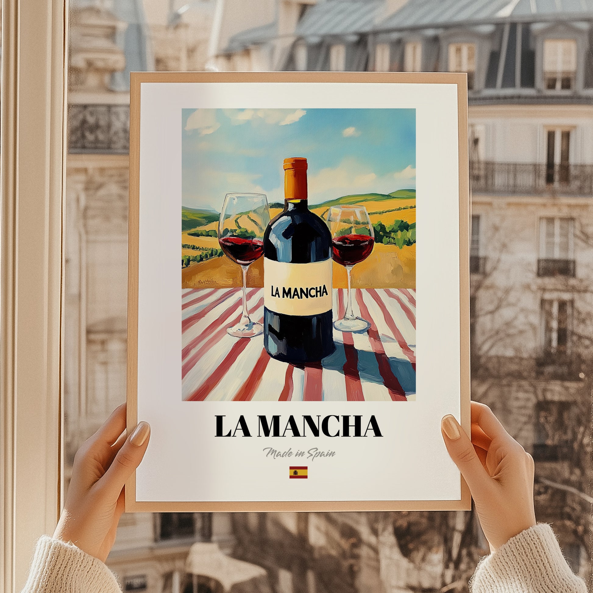 La Mancha – Spanish Red Wine, Wine Bar Poster, styled in a charming Paris street view