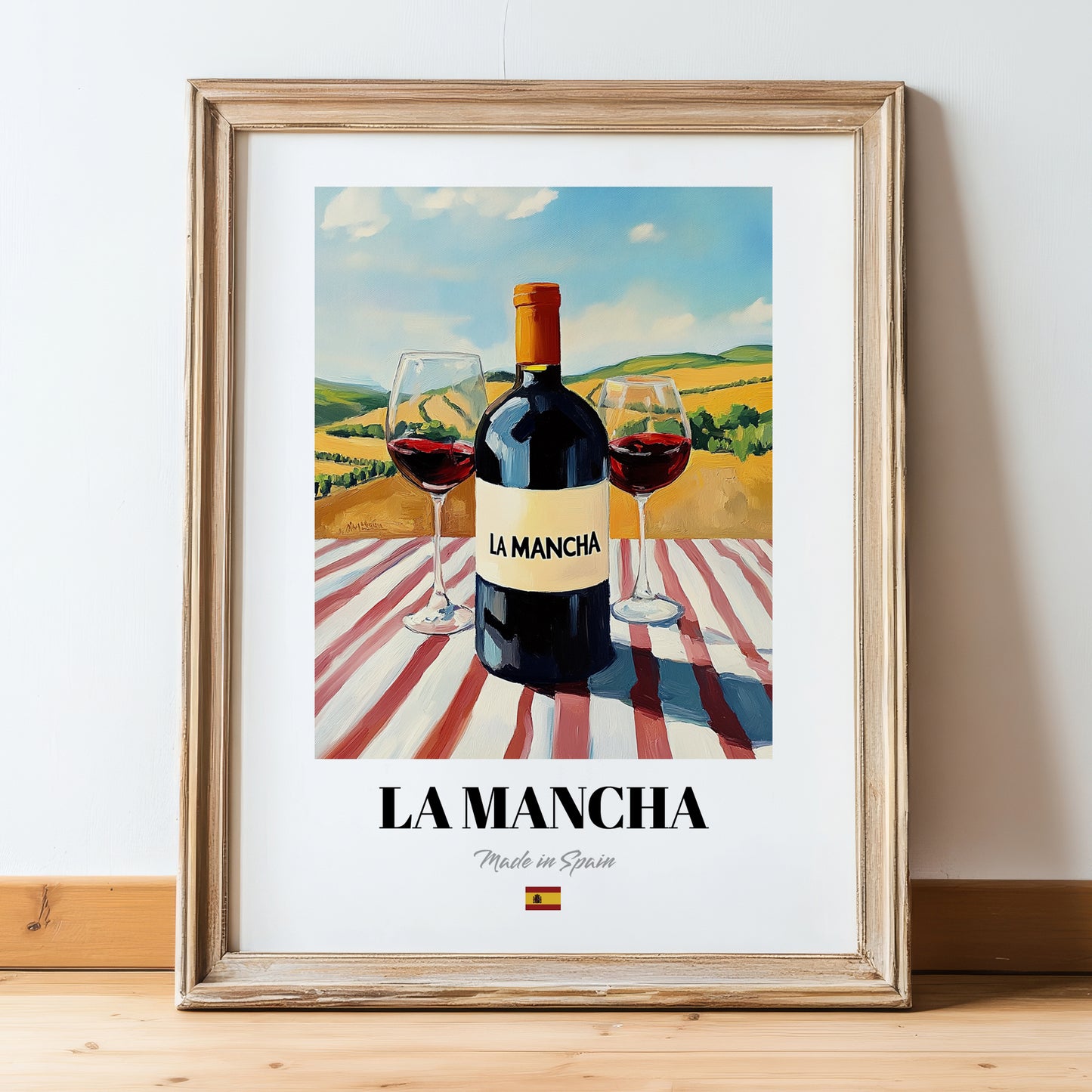 La Mancha – Spanish Red Wine, Wine Bar Poster, in wooden frame leaning on the floor