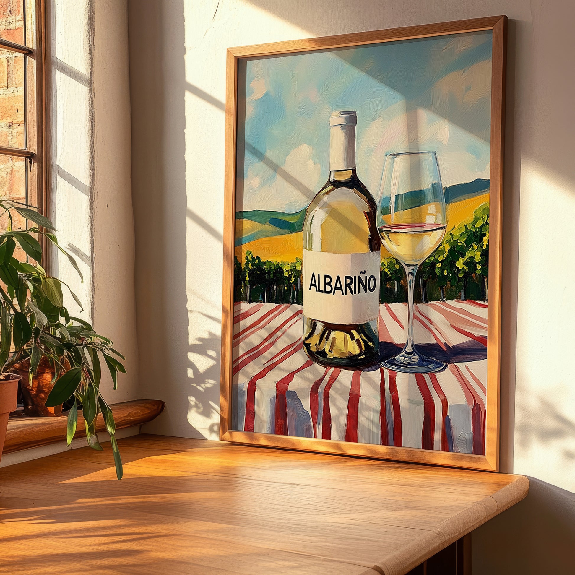 Albariño – Spanish White Wine, Vineyard Terrace Art, clean layout with no caption