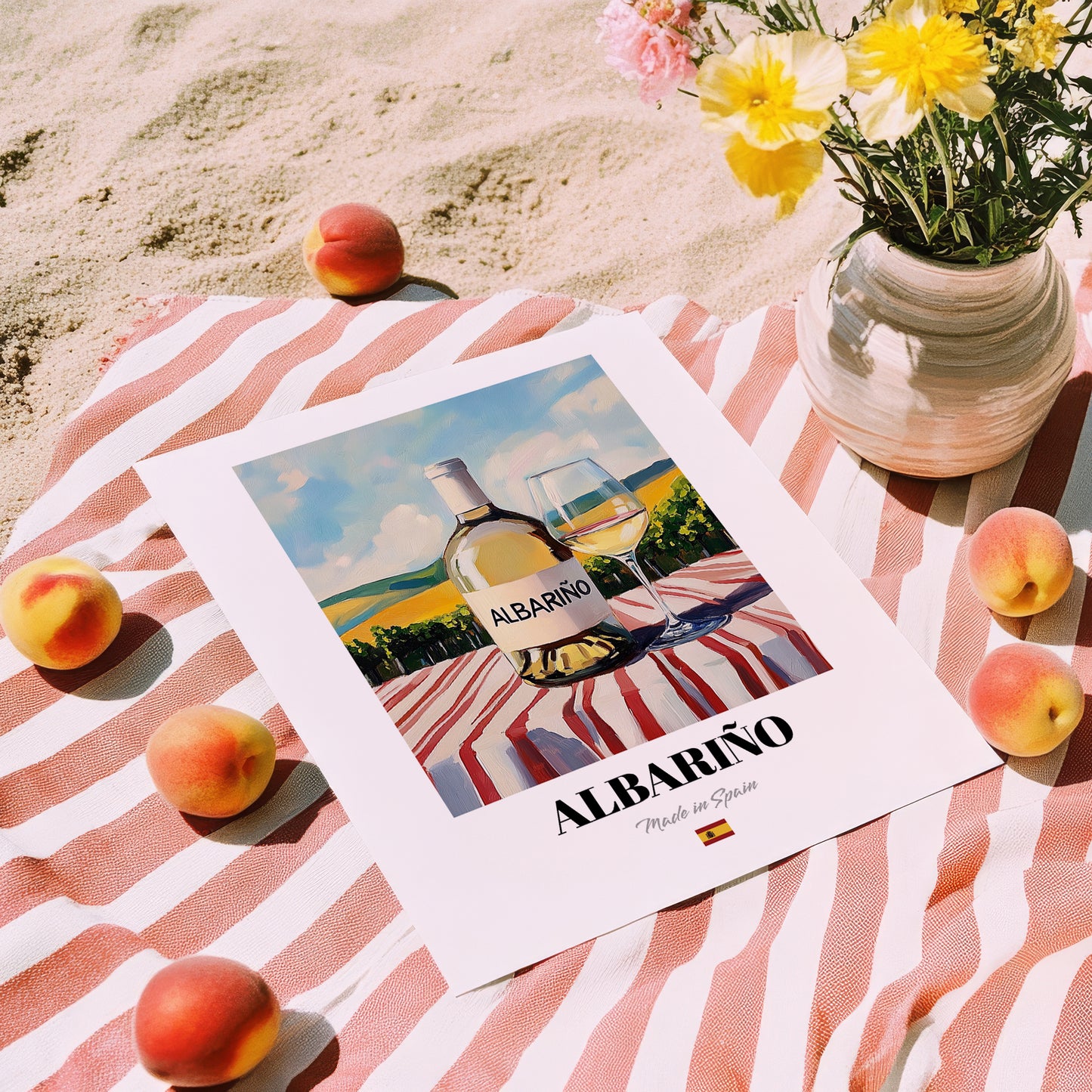 Albariño – Spanish White Wine, Vineyard Terrace Art, unframed on coastal sand