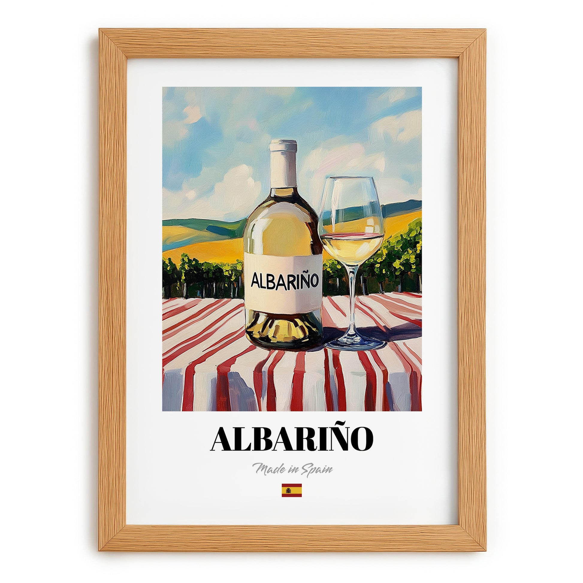 Albariño – Spanish White Wine, Vineyard Terrace Art, set in oak frame