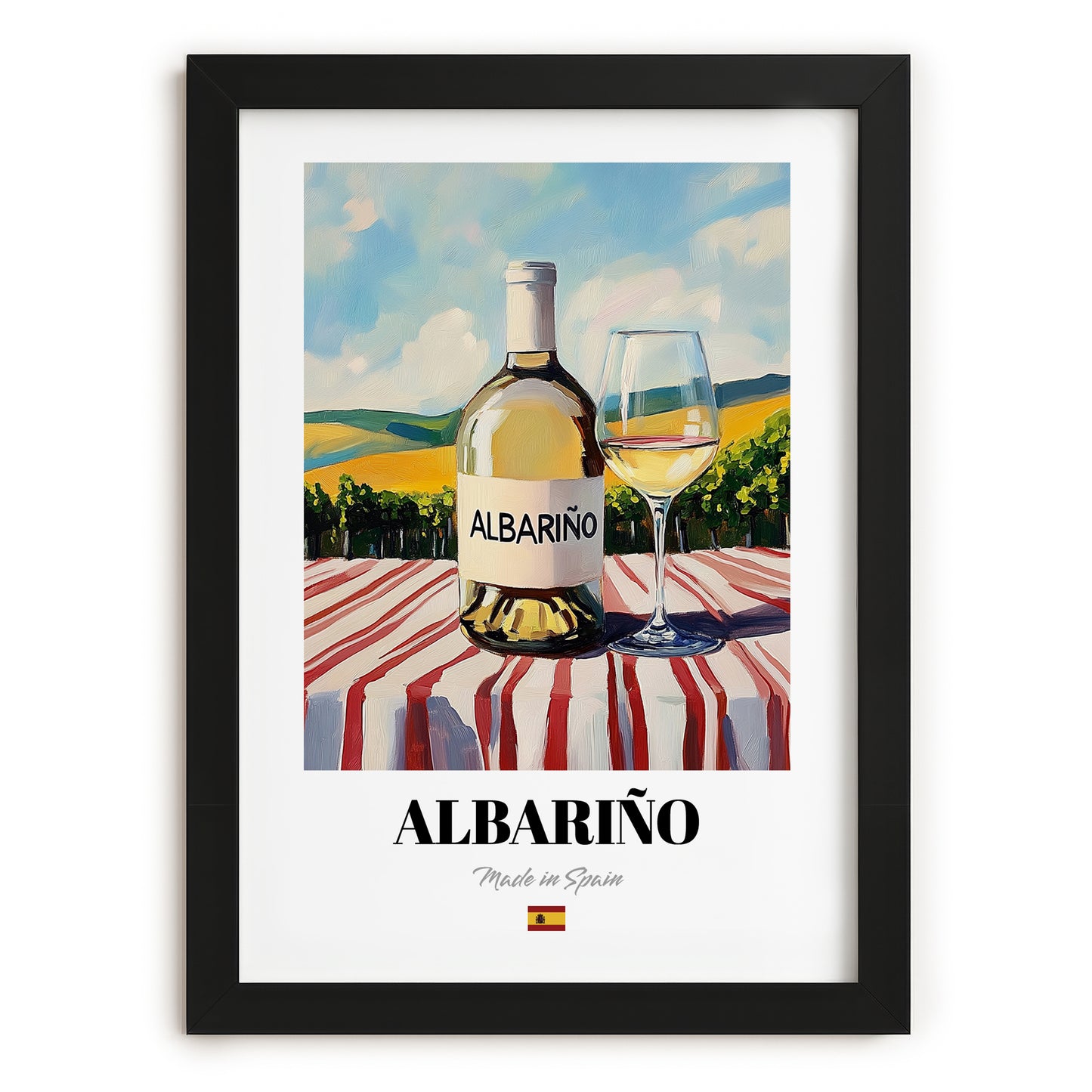 Albariño – Spanish White Wine, Vineyard Terrace Art, in sleek black frame