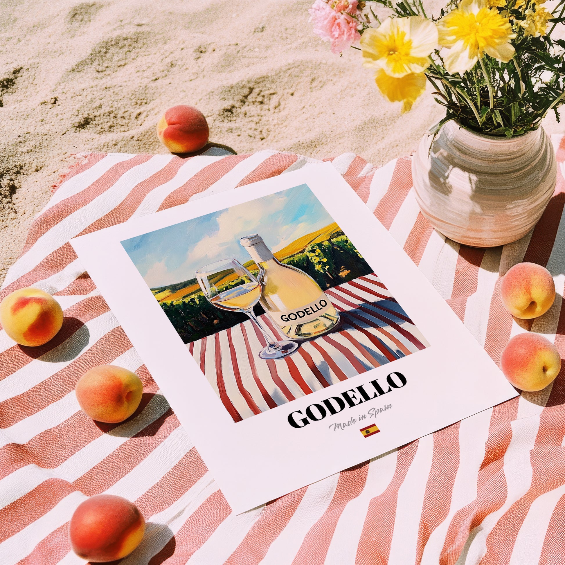 Godello – Spanish White Wine, Tasting Room Wall Art, unframed on coastal sand