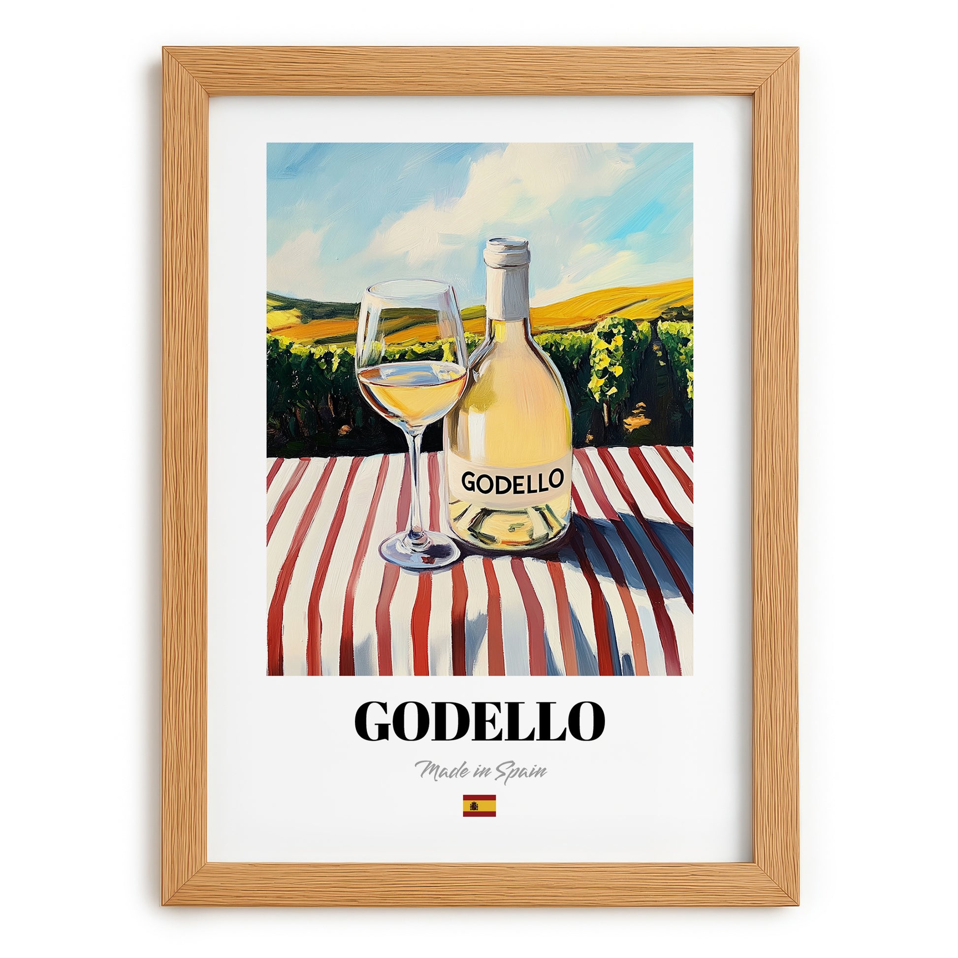 Godello – Spanish White Wine, Tasting Room Wall Art, set in oak frame