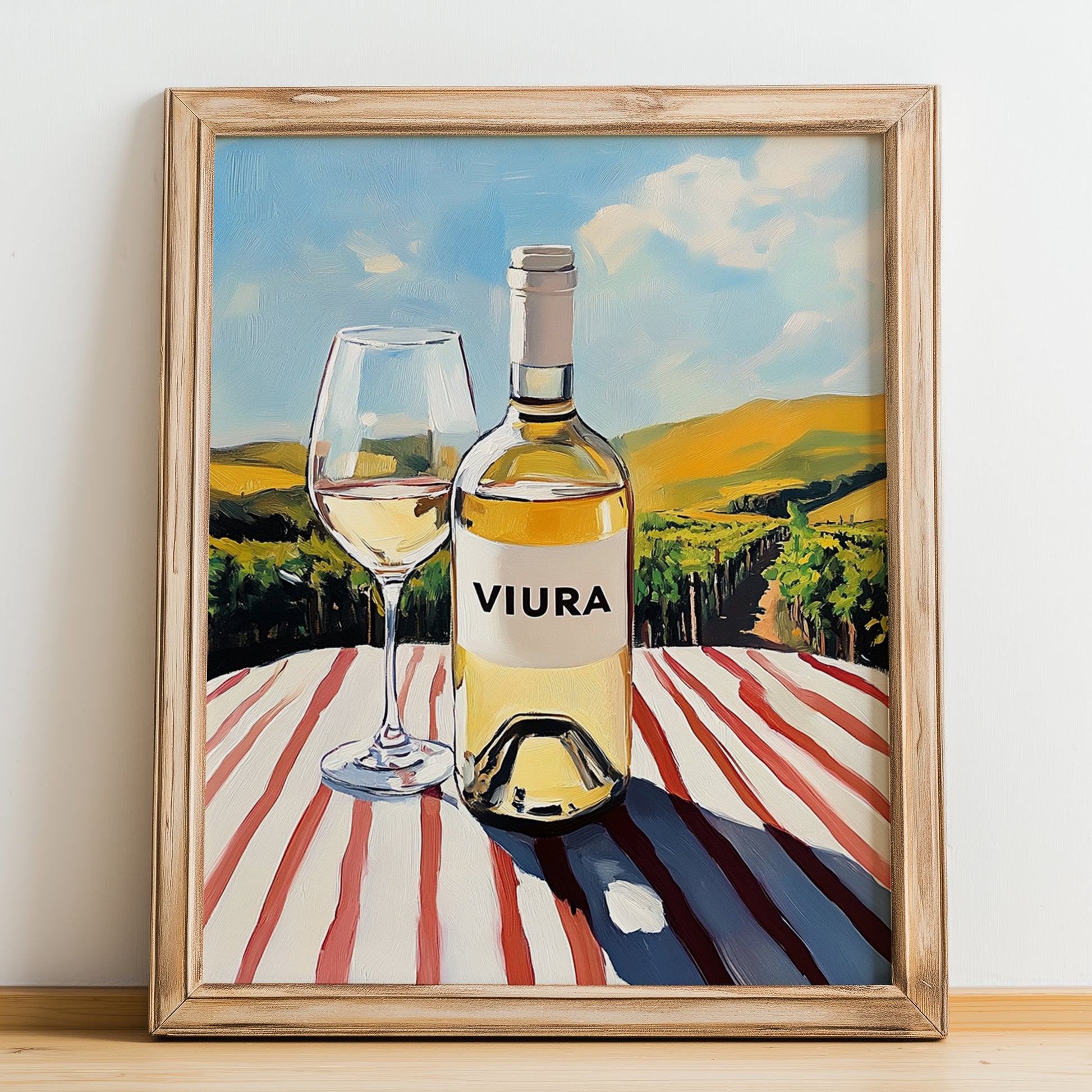 Viura – Spanish White Wine, Vinoteca Illustration, no-text version framed in wood
