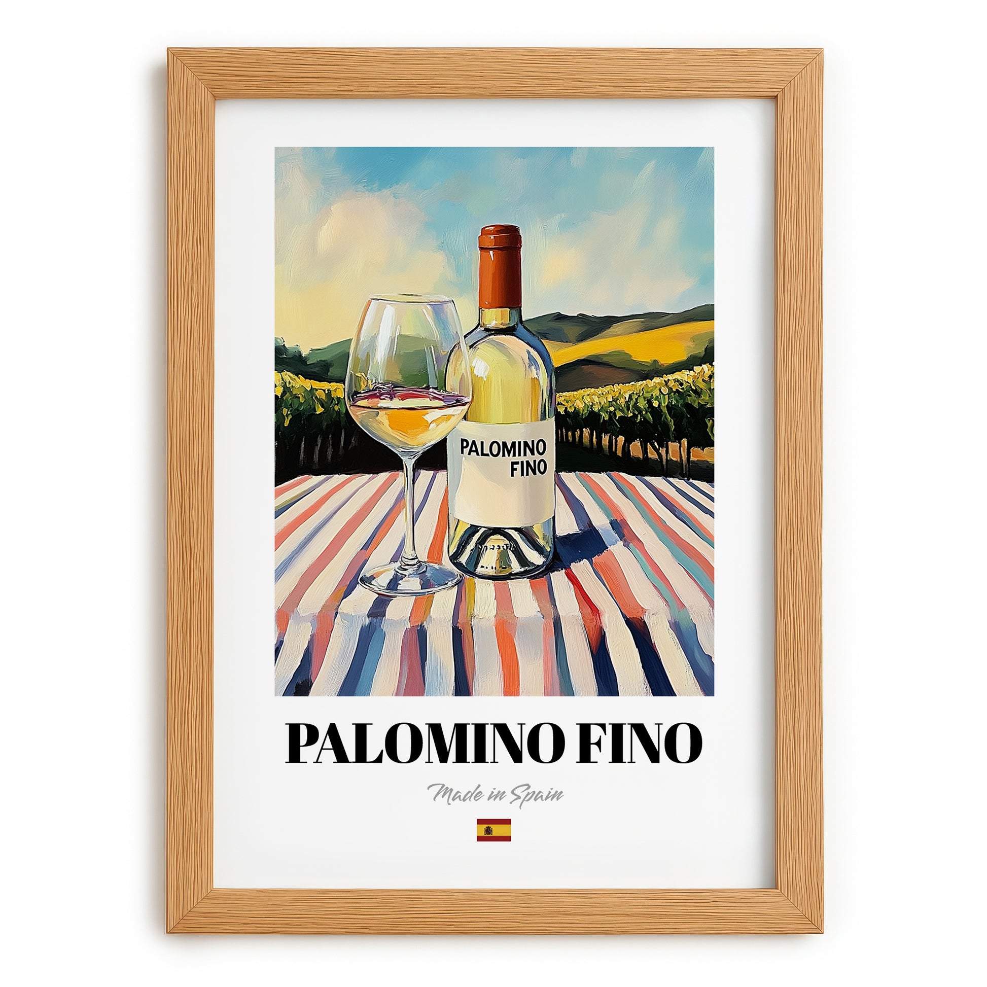 Palomino Fino – Spanish White Wine, Wine Bar Print, set in oak frame