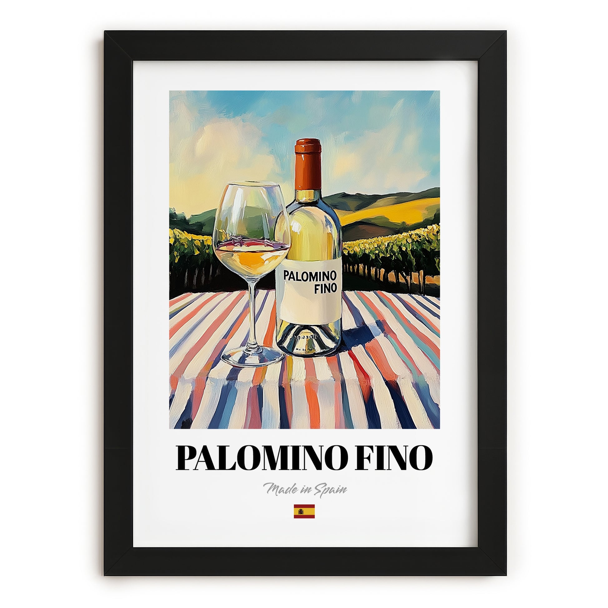 Palomino Fino – Spanish White Wine, Wine Bar Print, in sleek black frame