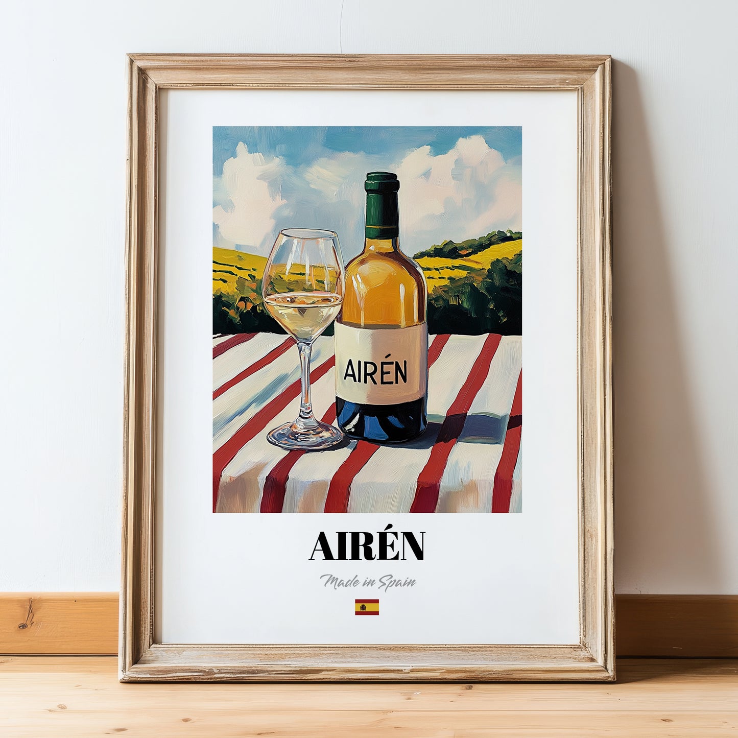 Airén – Spanish White Wine, Enoteca Wall Art, in wooden frame leaning on the floor