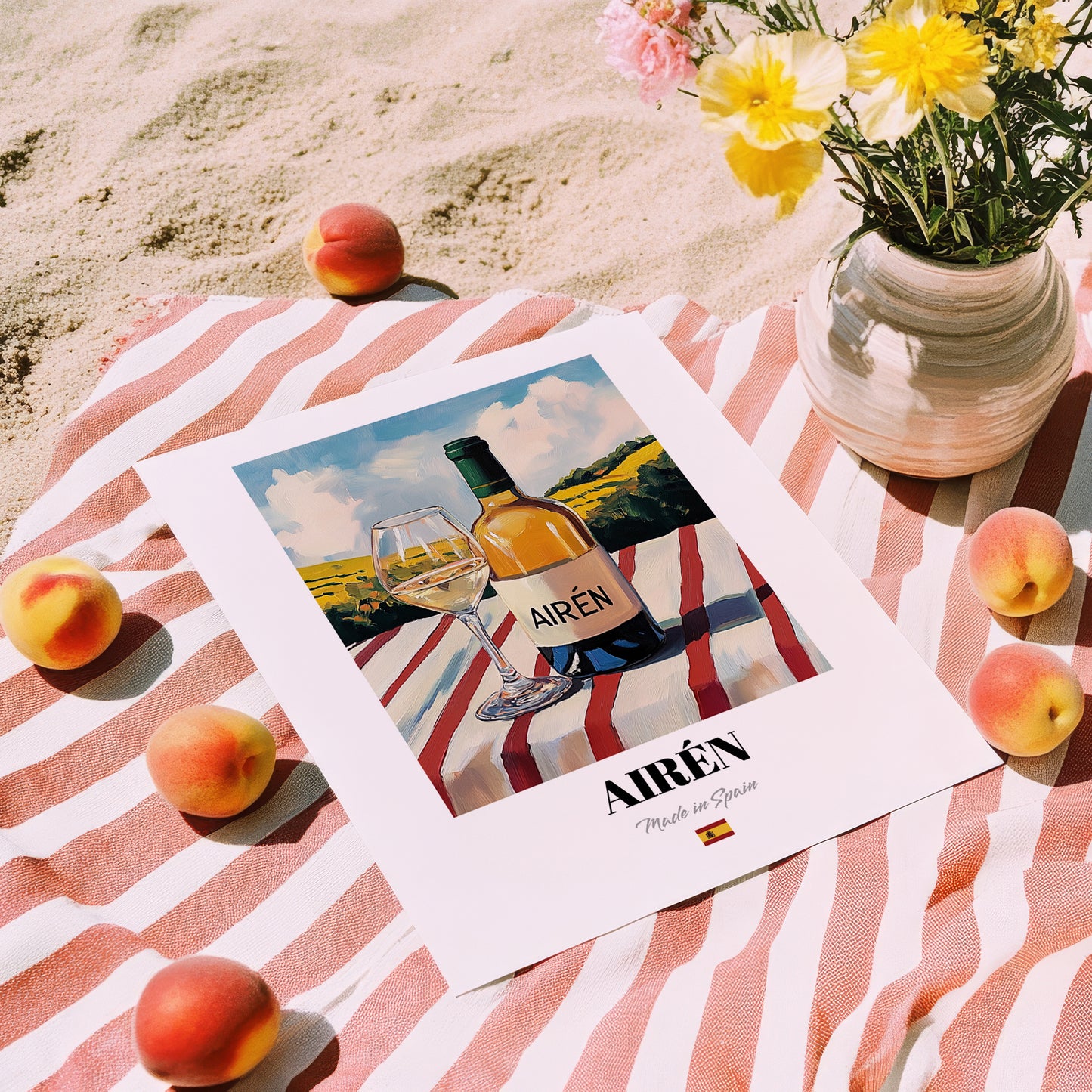 Airén – Spanish White Wine, Enoteca Wall Art, unframed on coastal sand