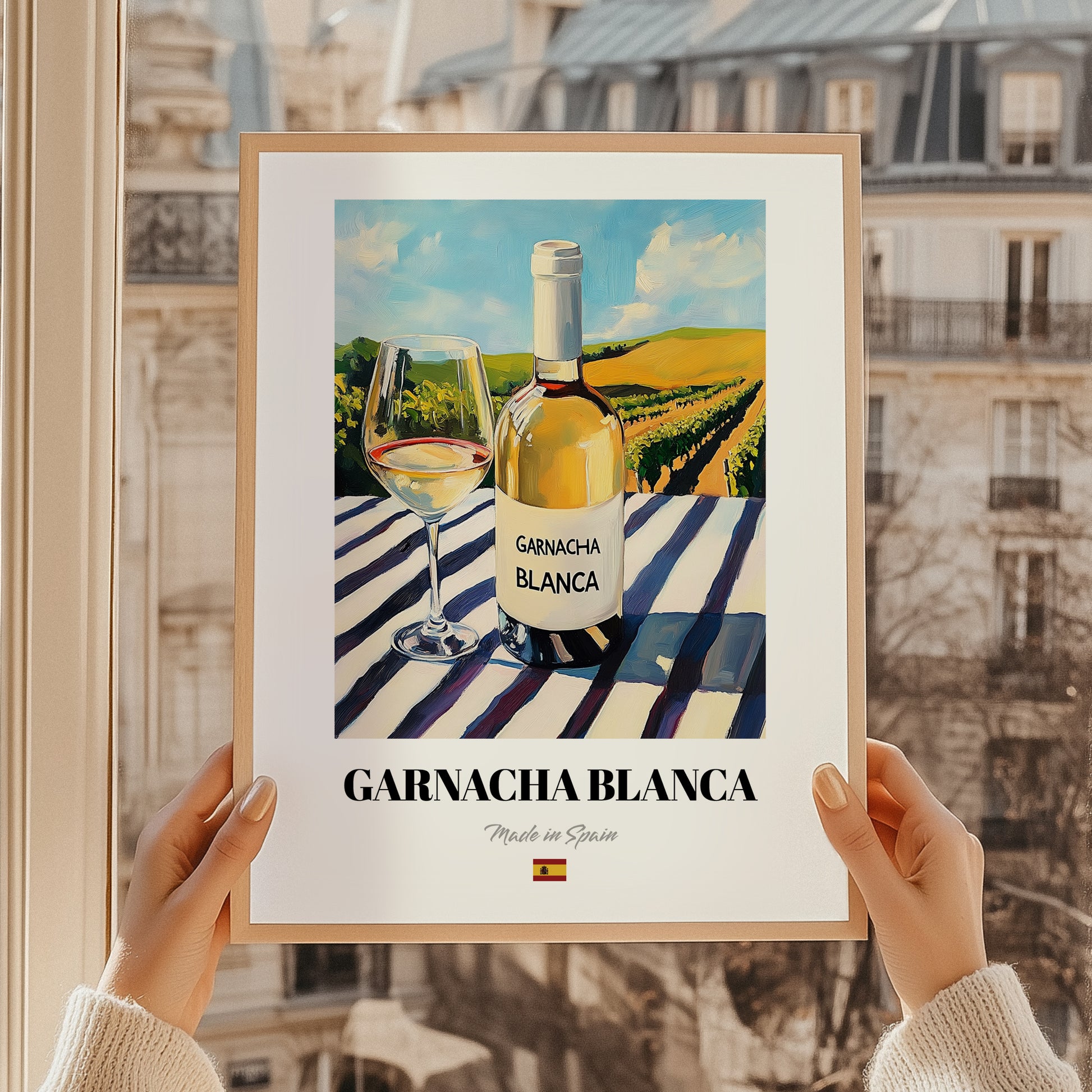 Garnacha Blanca – Spanish White Wine, Wine Bar Wall Art, styled in a charming Paris street view