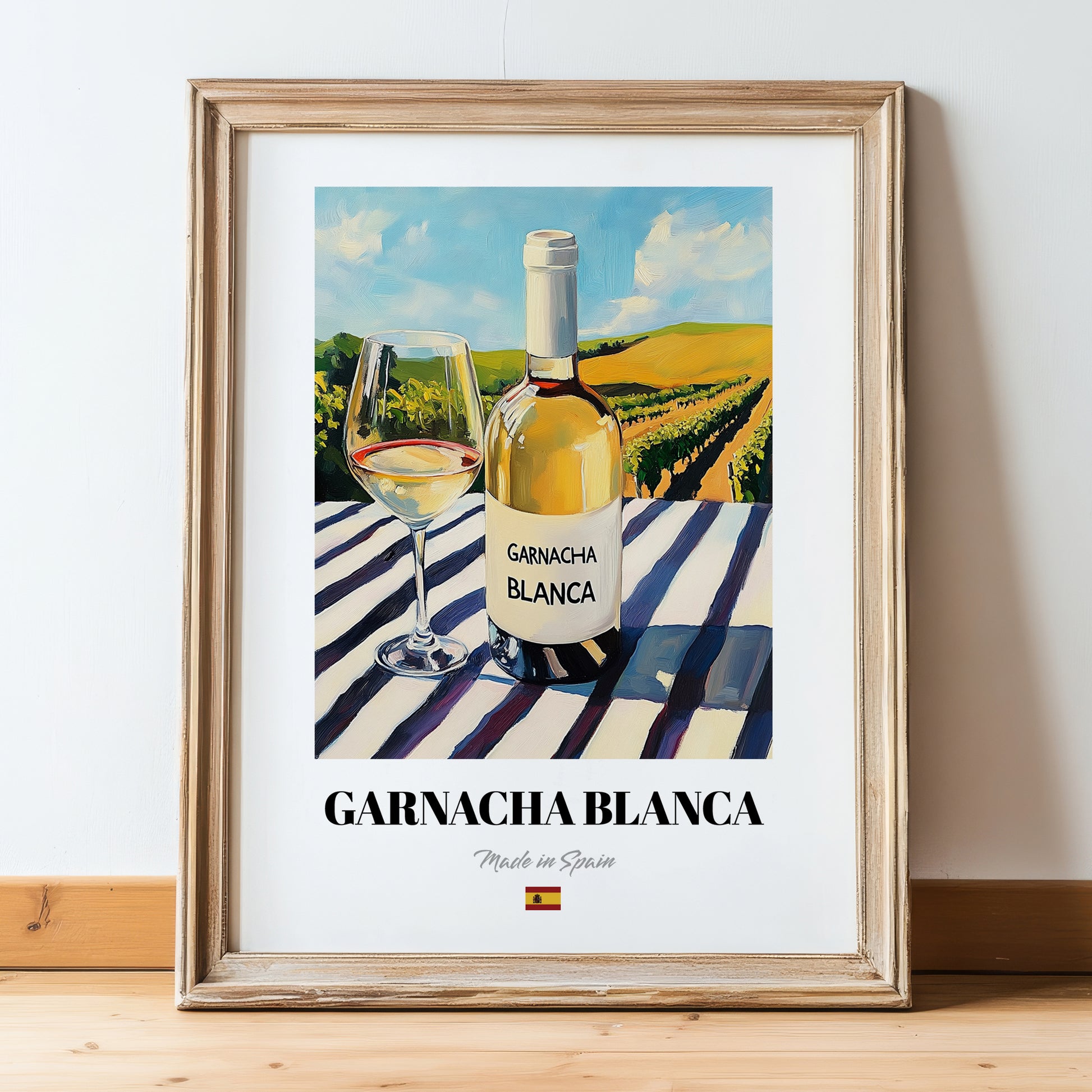 Garnacha Blanca – Spanish White Wine, Wine Bar Wall Art, in wooden frame leaning on the floor