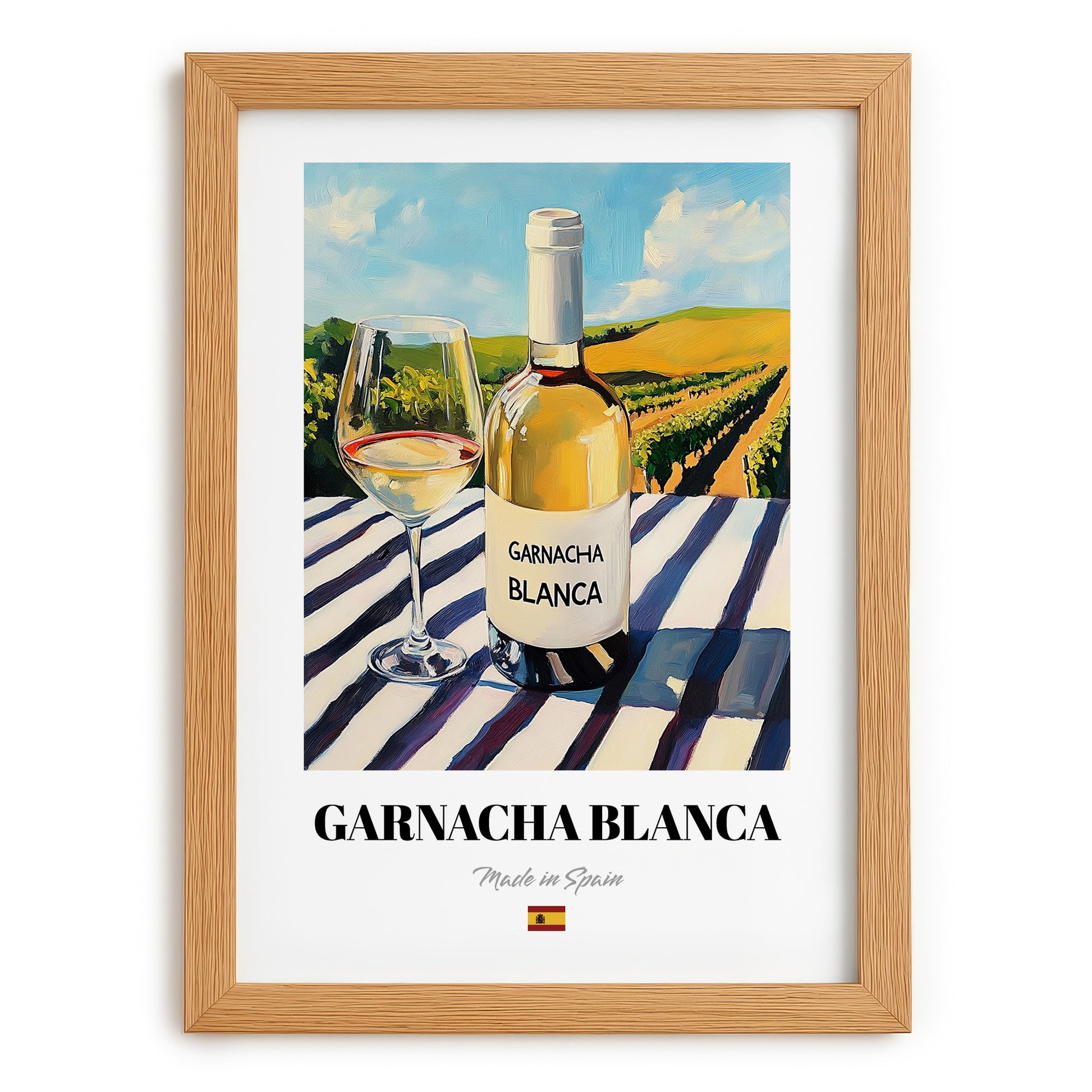 Garnacha Blanca – Spanish White Wine, Wine Bar Wall Art, set in oak frame