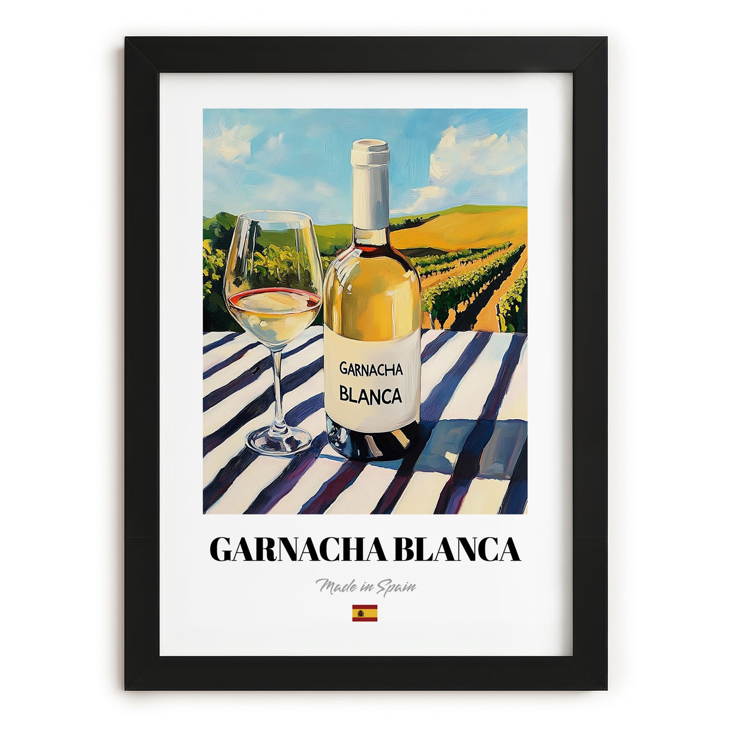 Garnacha Blanca – Spanish White Wine, Wine Bar Wall Art, in sleek black frame
