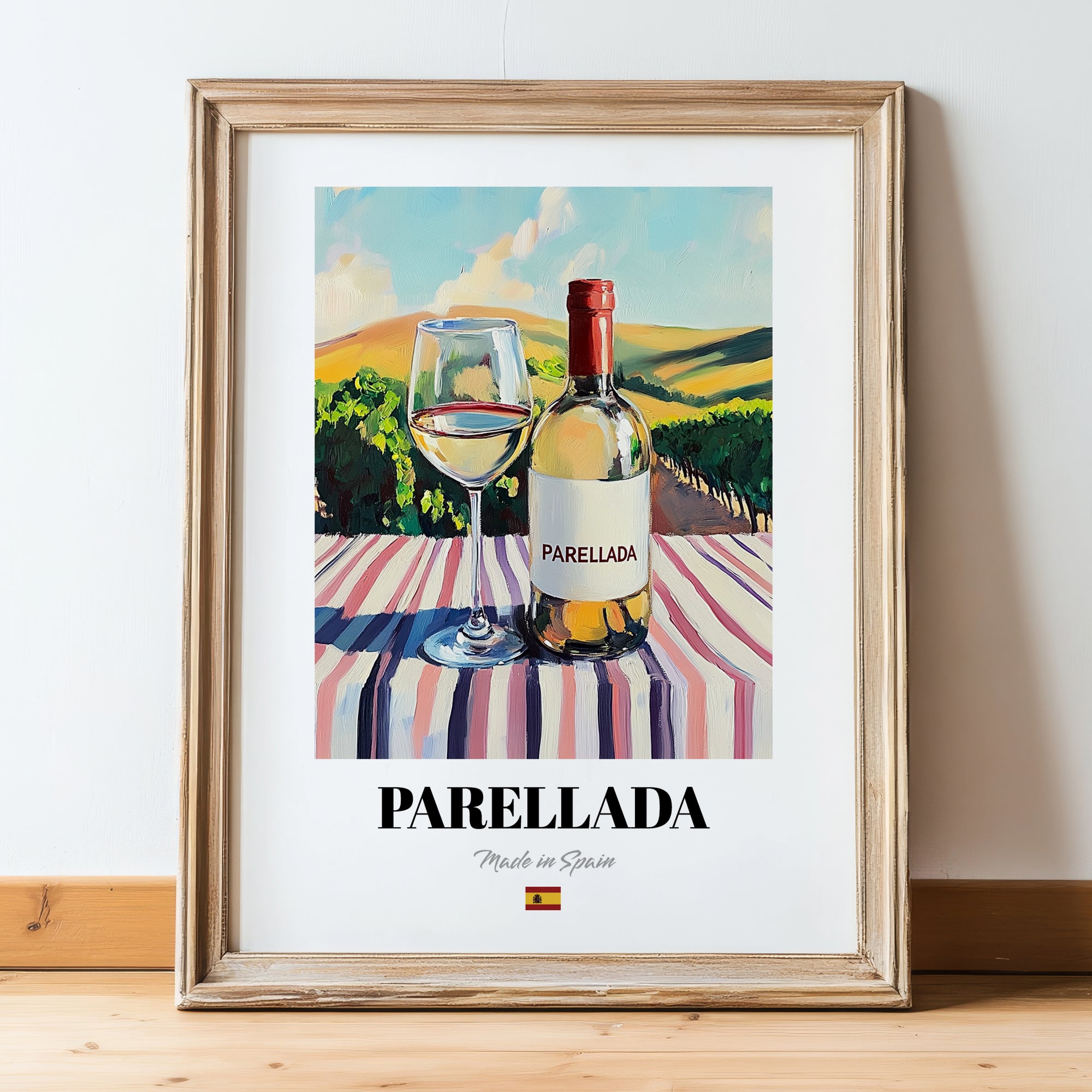 Parellada – Spanish White Wine, Wine Bar Wall Art, in wooden frame leaning on the floor