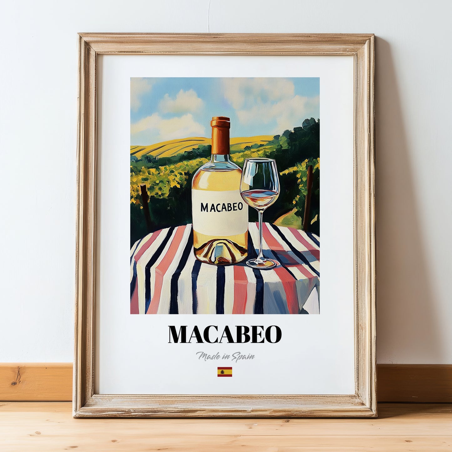 Macabeo – Spanish White Wine, Bodega Art, in wooden frame leaning on the floor