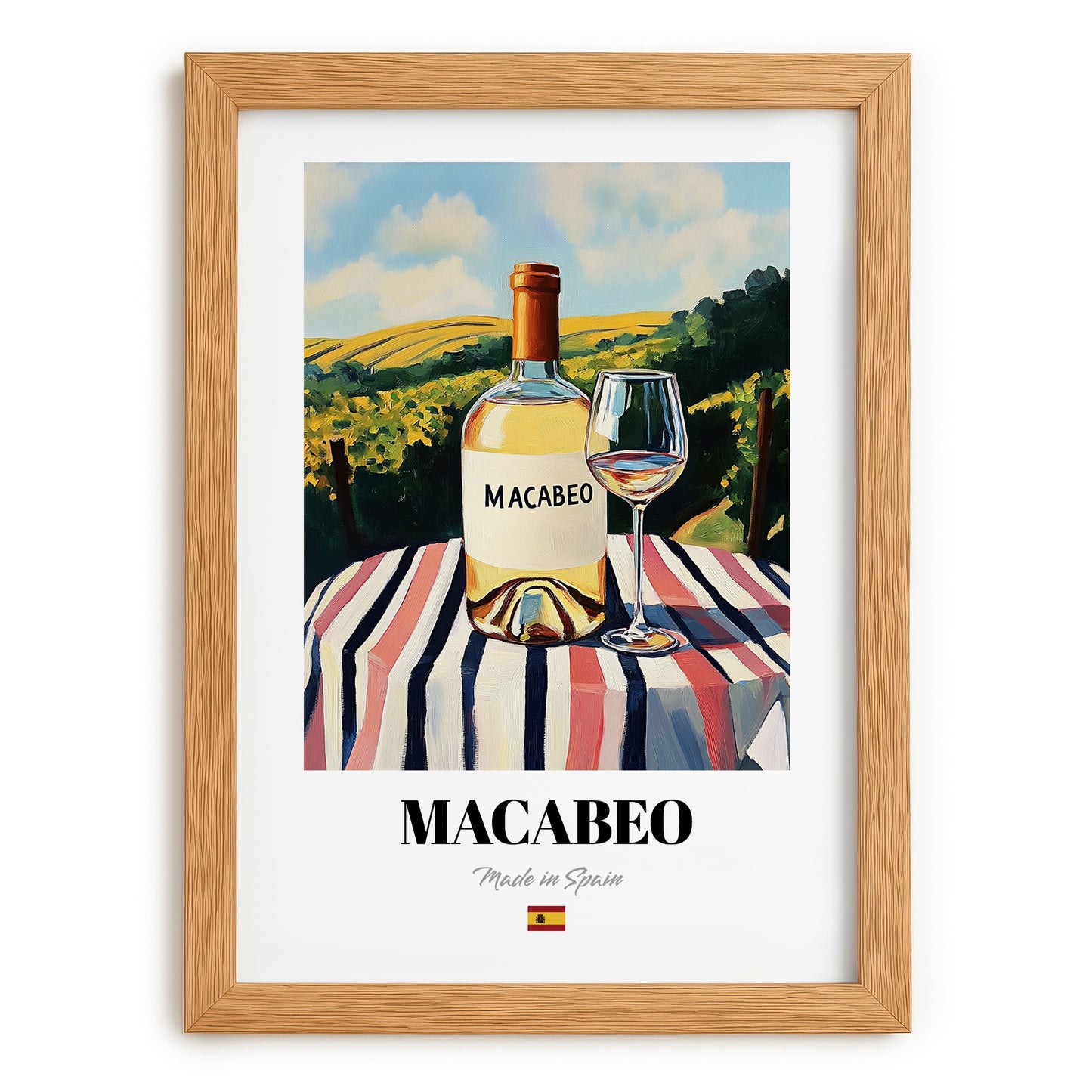 Macabeo – Spanish White Wine, Bodega Art, set in oak frame
