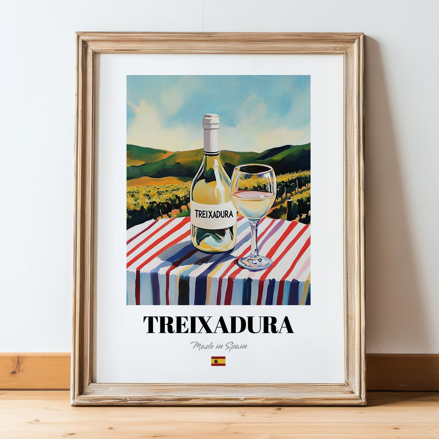 Treixadura – Spanish White Wine, Wine Bar Art, in wooden frame leaning on the floor