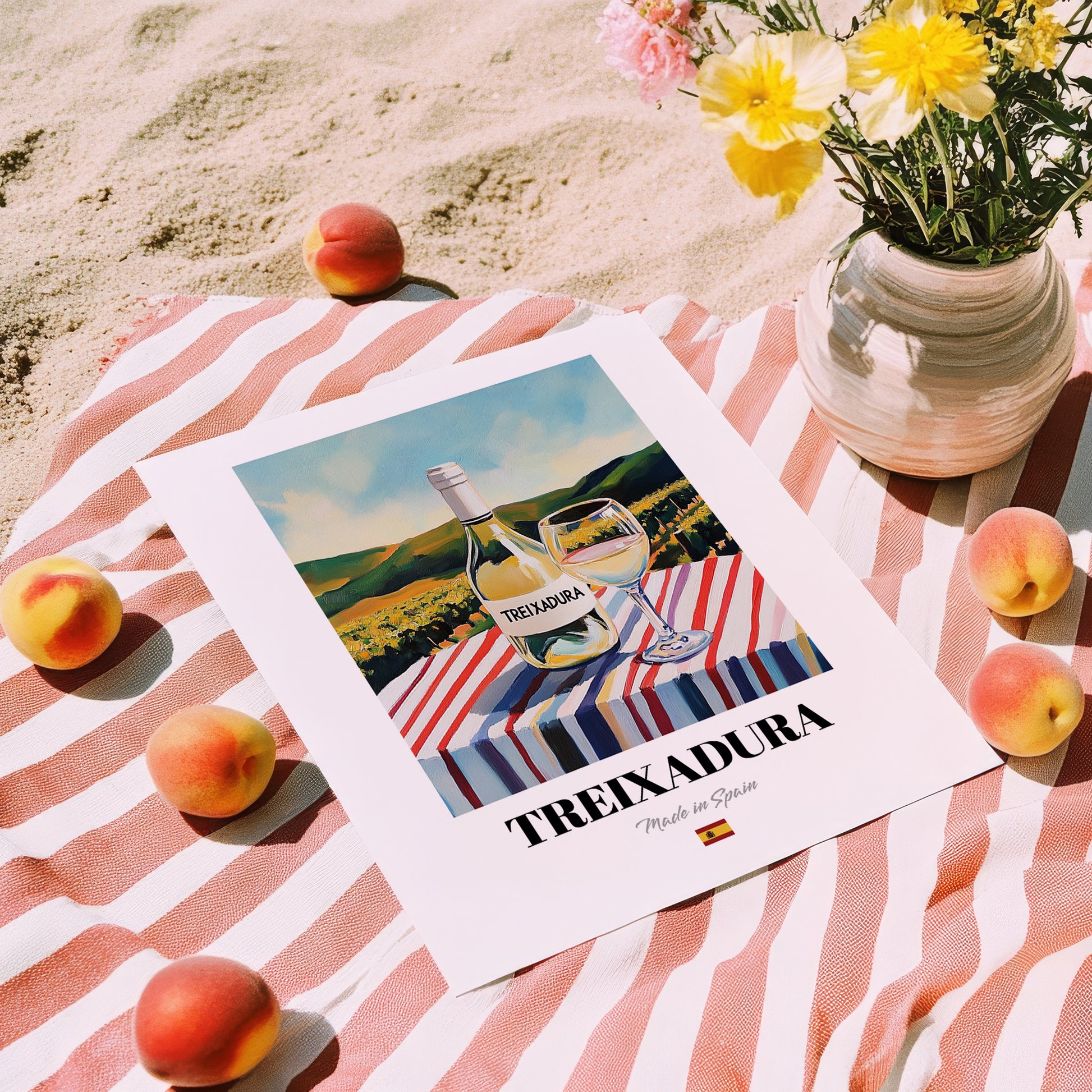 Treixadura – Spanish White Wine, Wine Bar Art, unframed on coastal sand