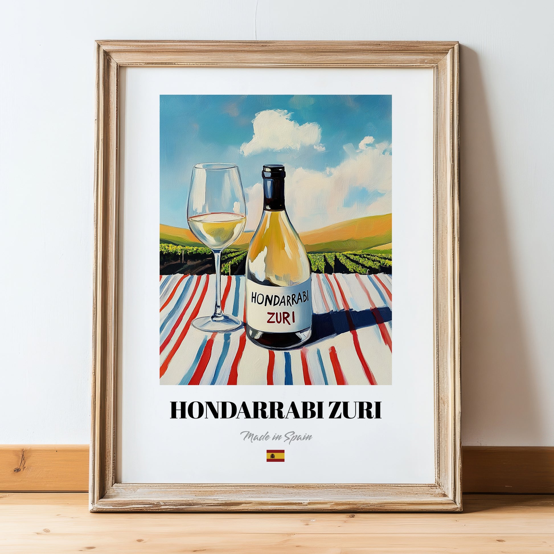 Hondarrabi Zuri – Spanish White Wine, Wine Bar Print, in wooden frame leaning on the floor