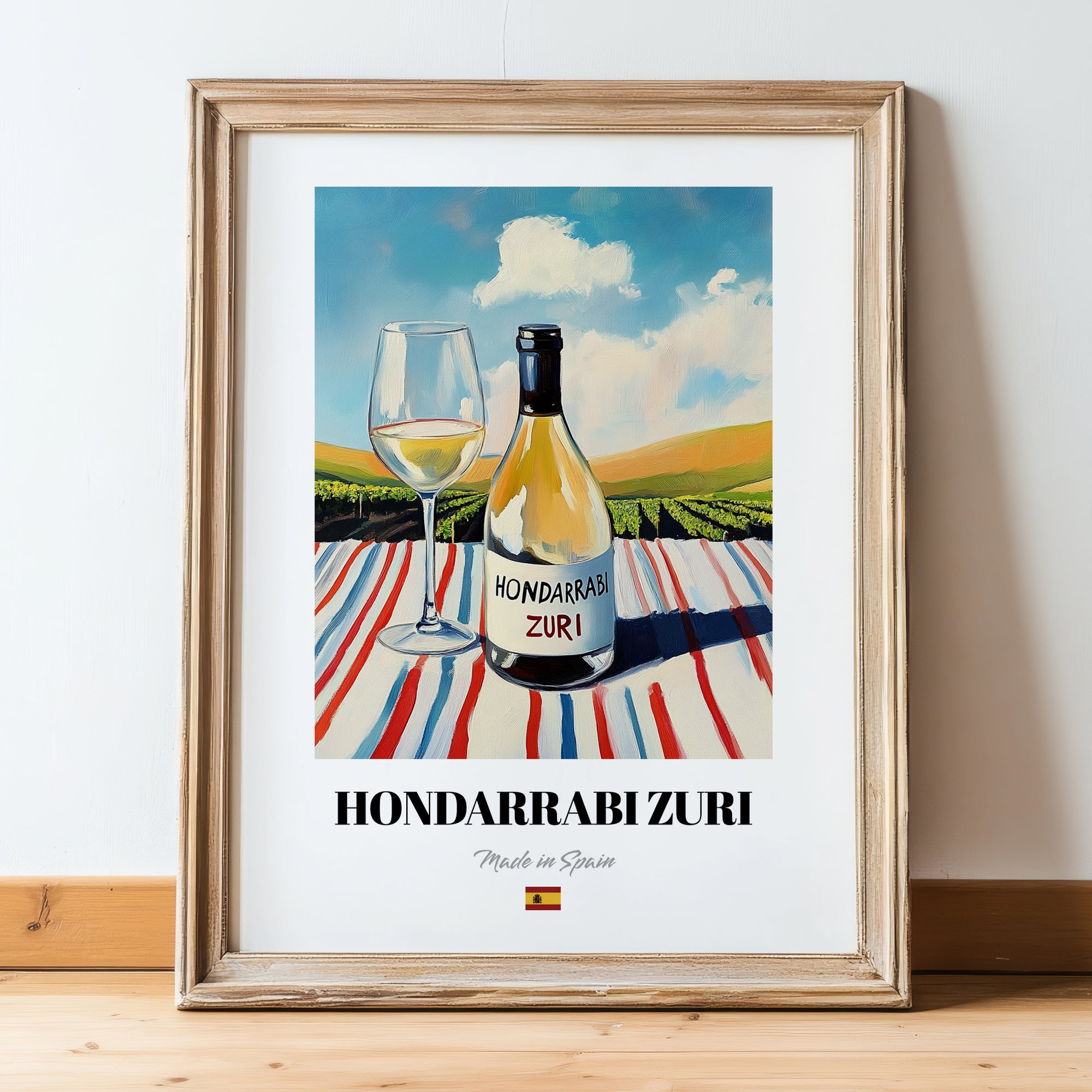 Hondarrabi Zuri – Spanish White Wine, Wine Bar Print, in wooden frame leaning on the floor