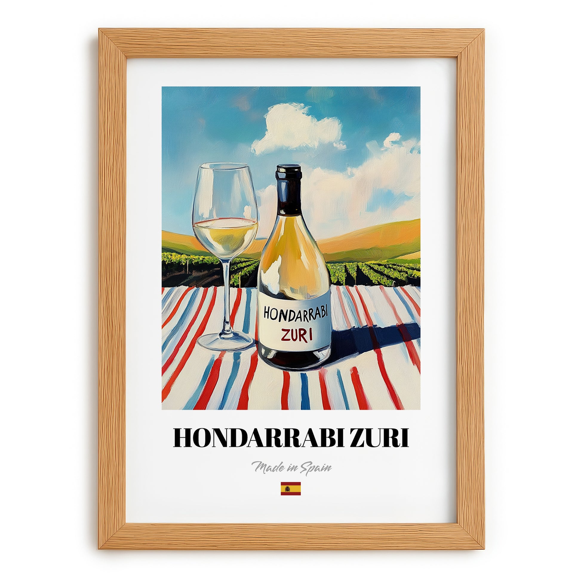 Hondarrabi Zuri – Spanish White Wine, Wine Bar Print, set in oak frame