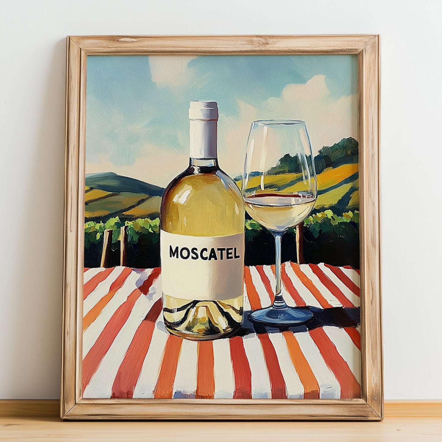 Moscatel – Spanish White Wine, Vineyard Terrace Poster, no-text version framed in wood