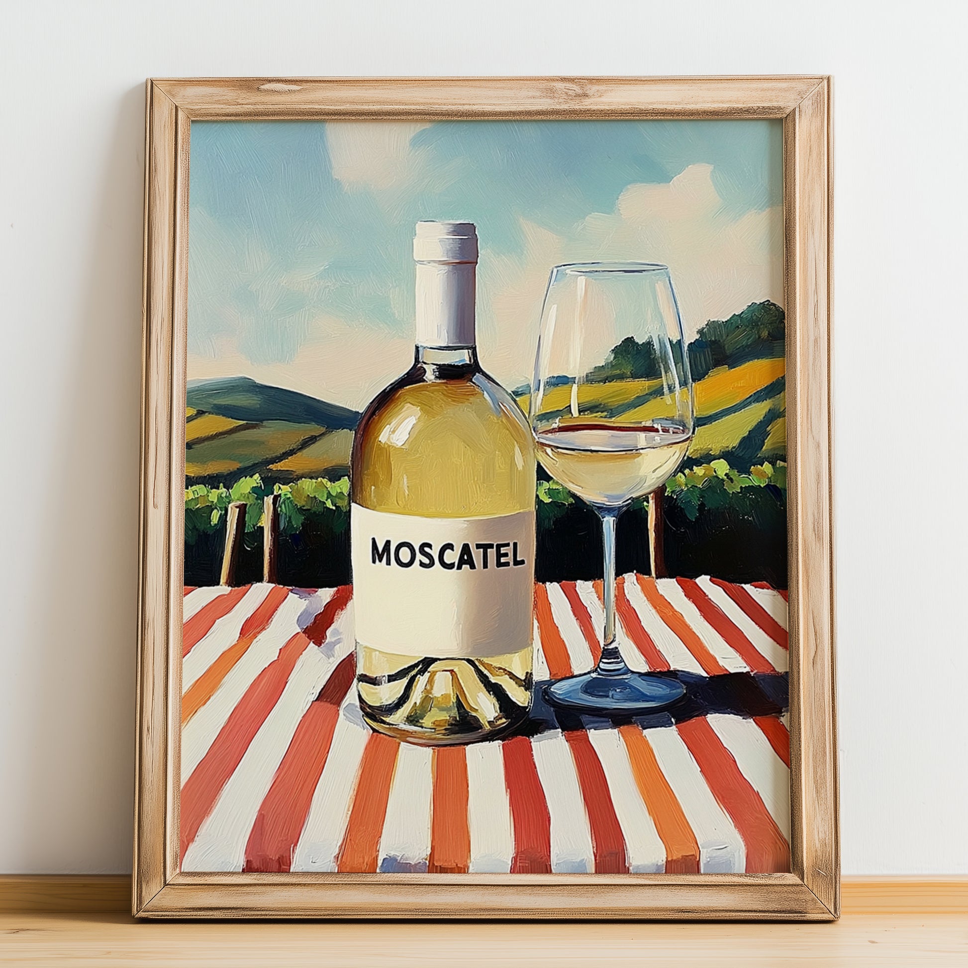 Moscatel – Spanish White Wine, Vineyard Terrace Poster, no-text version framed in wood