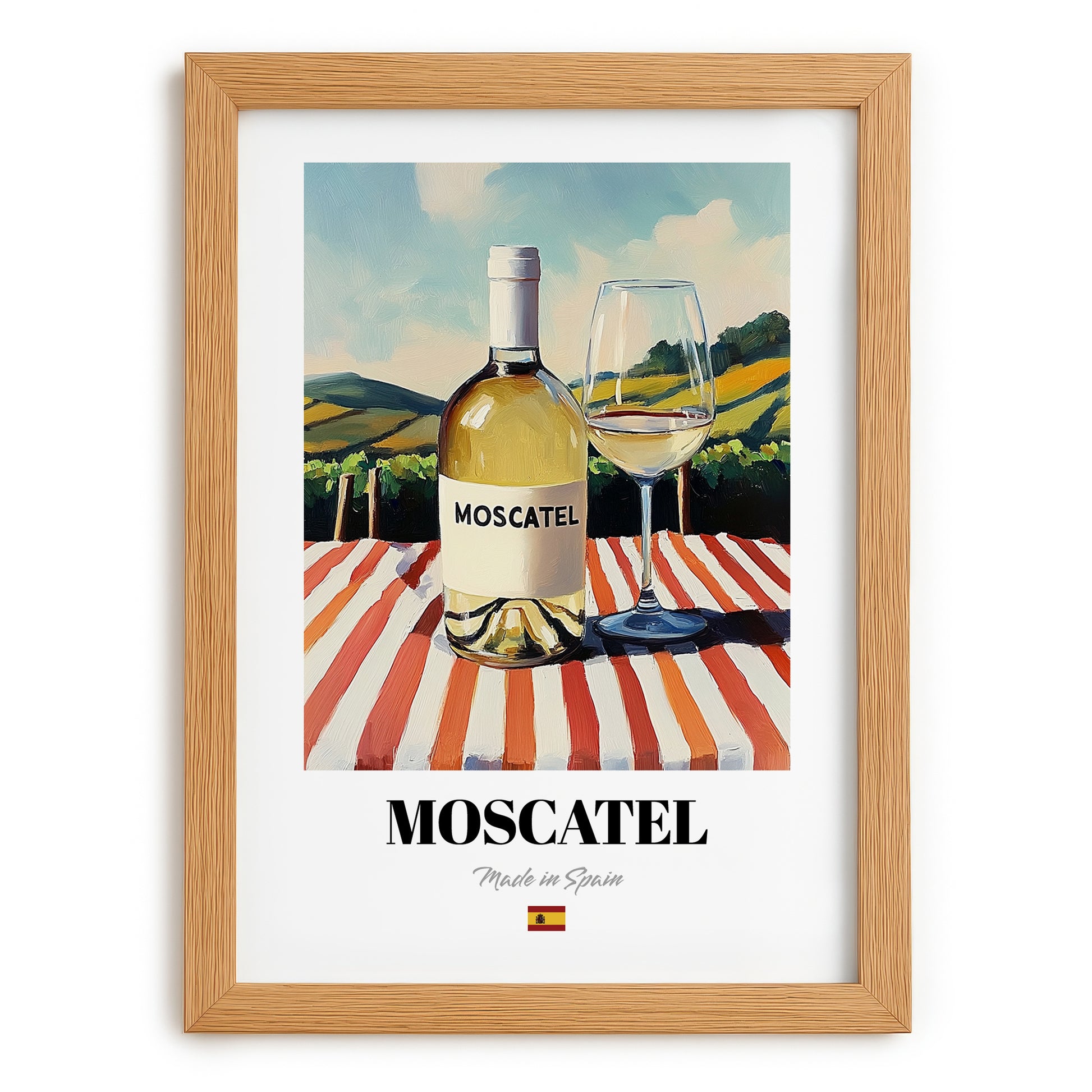 Moscatel – Spanish White Wine, Vineyard Terrace Poster, set in oak frame