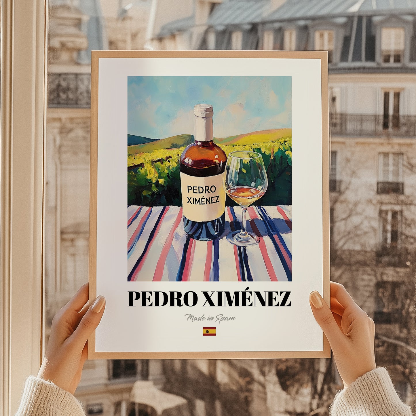 Pedro Ximénez – Spanish White Wine, Vinoteca Painting, styled in a charming Paris street view