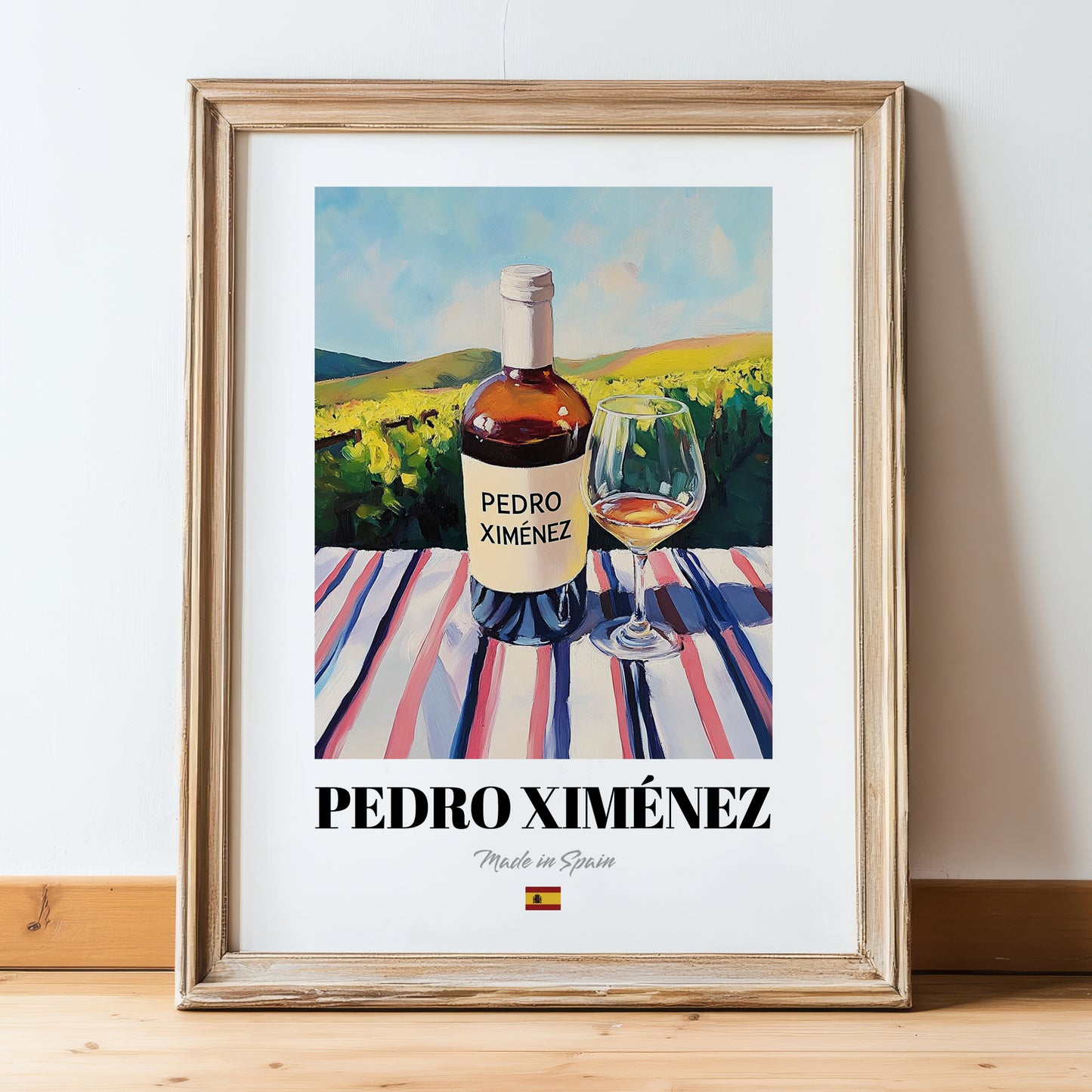 Pedro Ximénez – Spanish White Wine, Vinoteca Painting, in wooden frame leaning on the floor