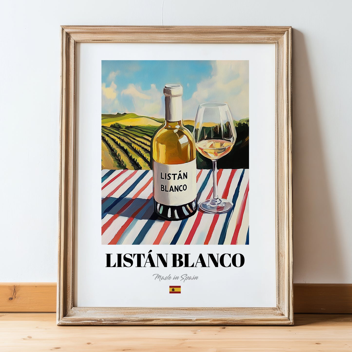 Listán Blanco – Spanish White Wine, Vinoteca Wall Decor, in wooden frame leaning on the floor