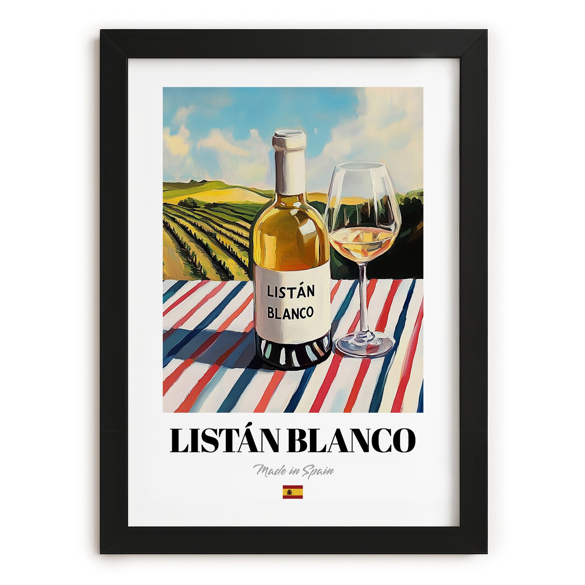 Listán Blanco – Spanish White Wine, Vinoteca Wall Decor, in sleek black frame