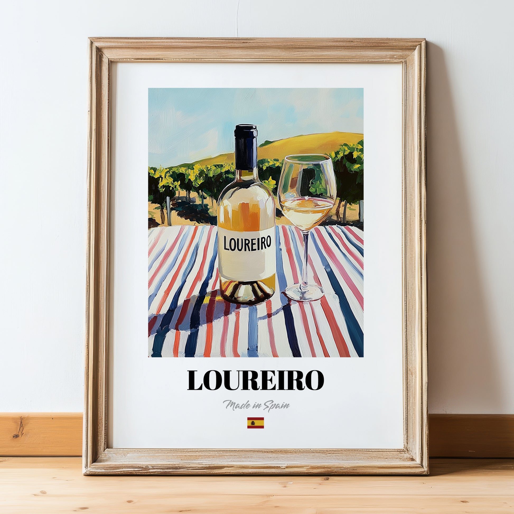 Loureiro – Spanish White Wine, Vinoteca Art, in wooden frame leaning on the floor