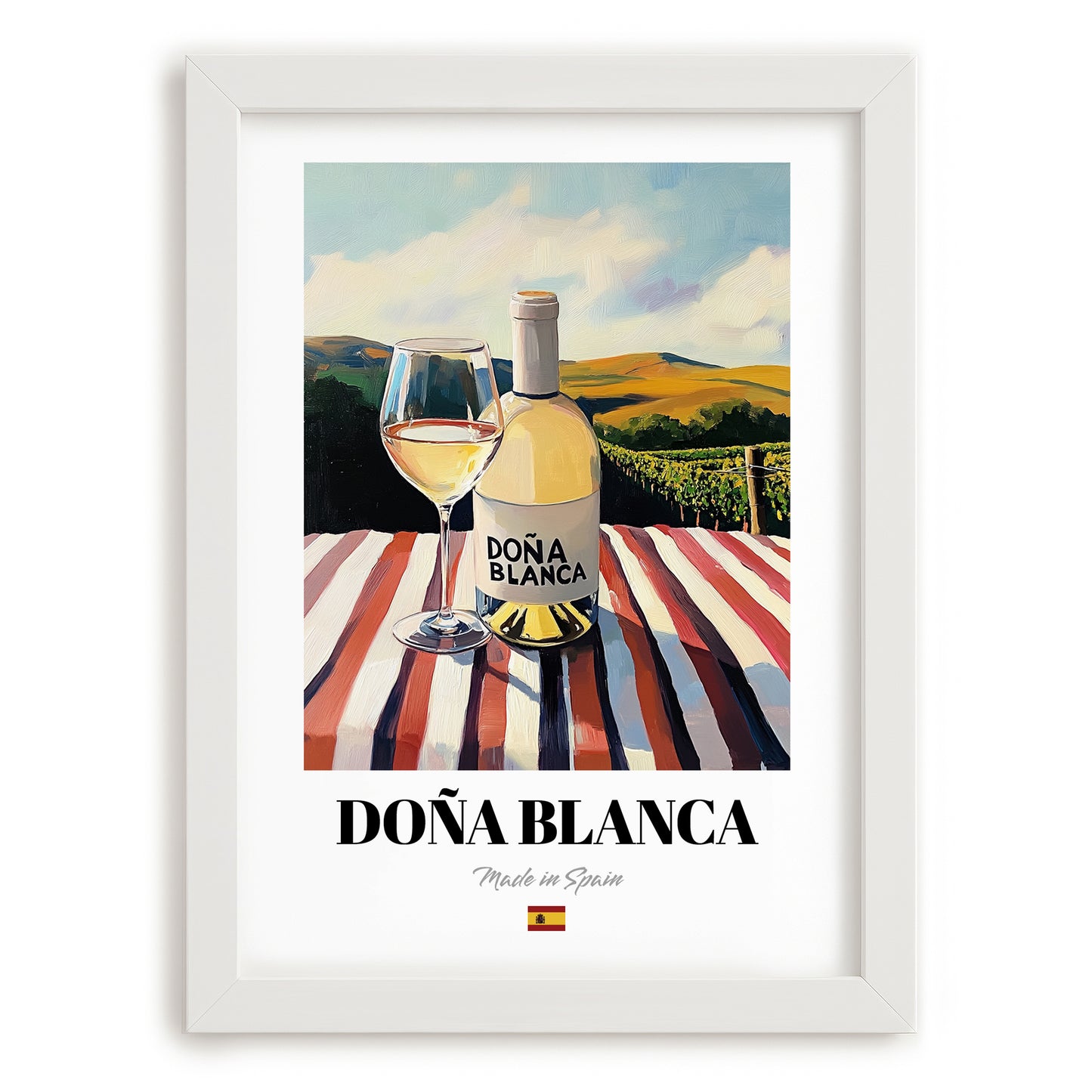 Doña Blanca – Spanish White Wine, Enoteca Still Life, placed in minimal white frame