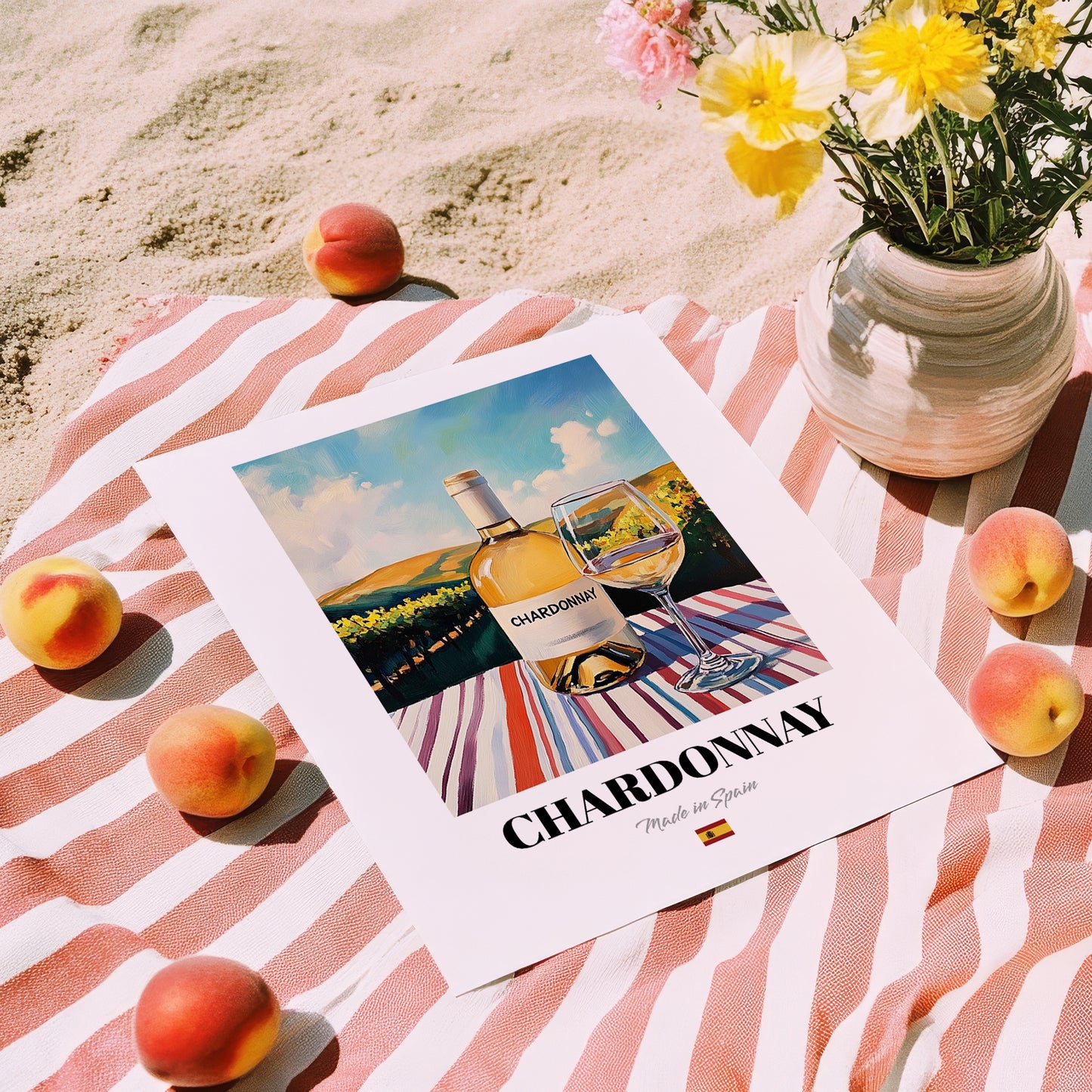 Chardonnay – Spanish White Wine, Vineyard Terrace Painting, unframed on coastal sand