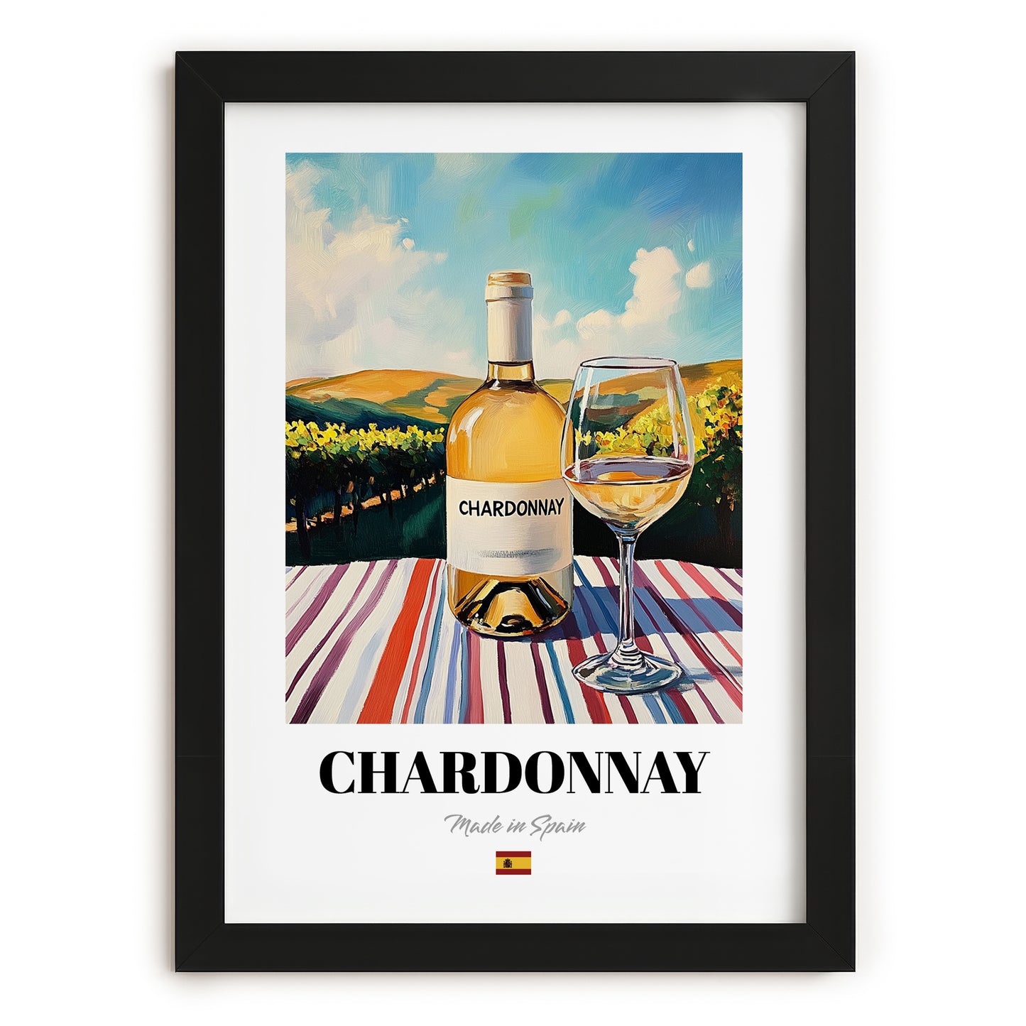 Chardonnay – Spanish White Wine, Vineyard Terrace Painting, in sleek black frame