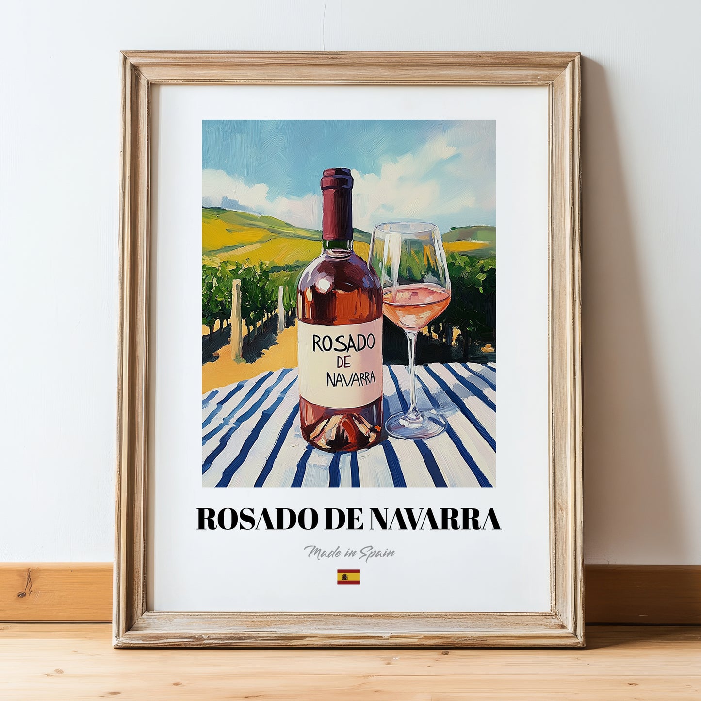Rosado de Navarra – Spanish Rose Wine, Bodega Wall Art, in wooden frame leaning on the floor