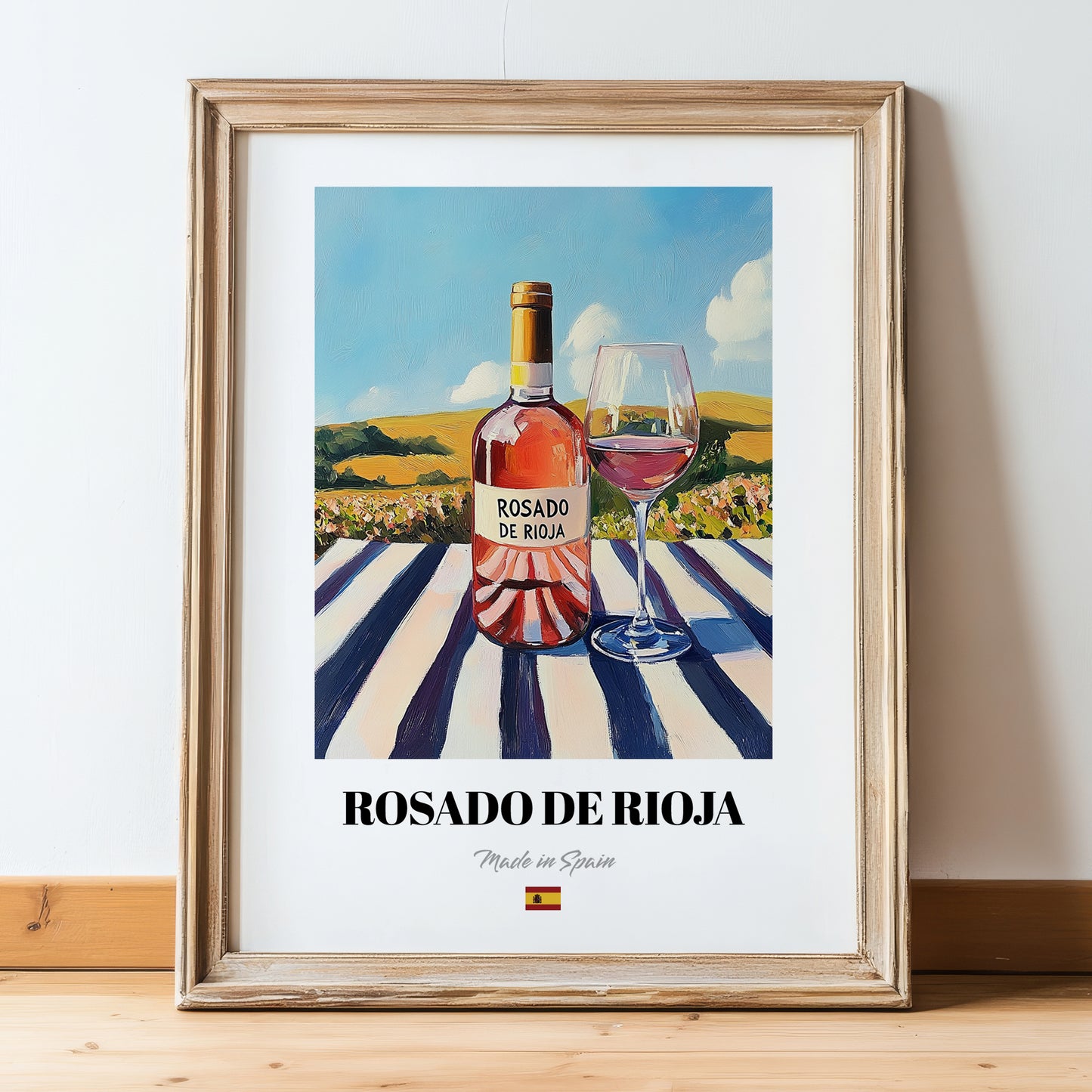 Rosado de Rioja – Spanish Rose Wine, Wine Bar Poster, in wooden frame leaning on the floor