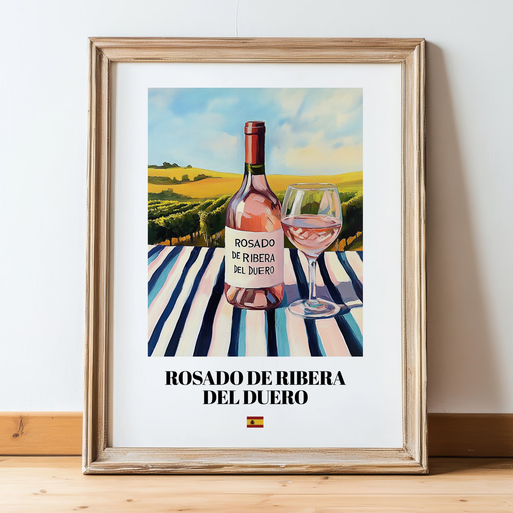 Rosado de Ribera del Duero – Spanish Rose Wine, Vineyard Terrace Wall Art, in wooden frame leaning on the floor
