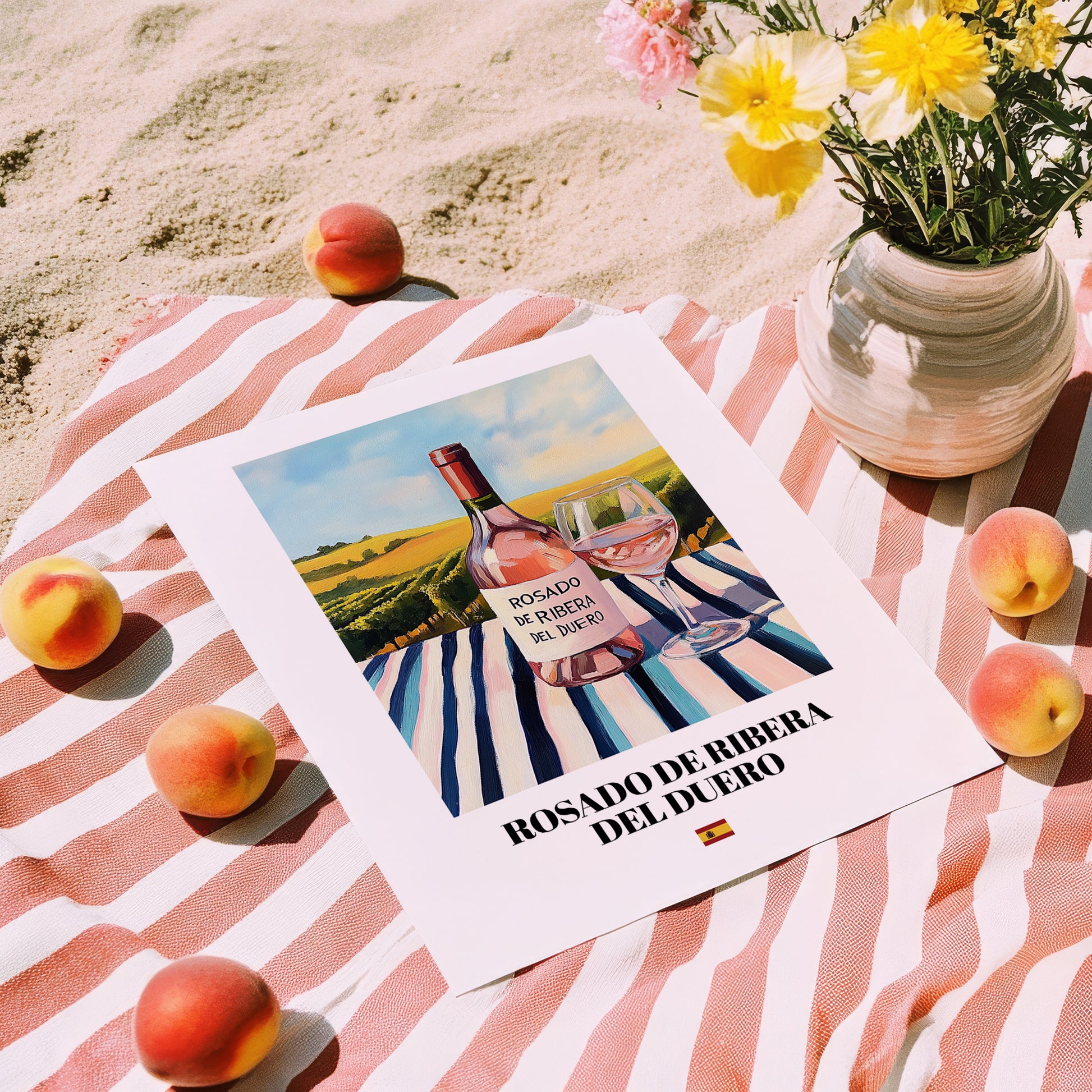 Rosado de Ribera del Duero – Spanish Rose Wine, Vineyard Terrace Wall Art, unframed on coastal sand