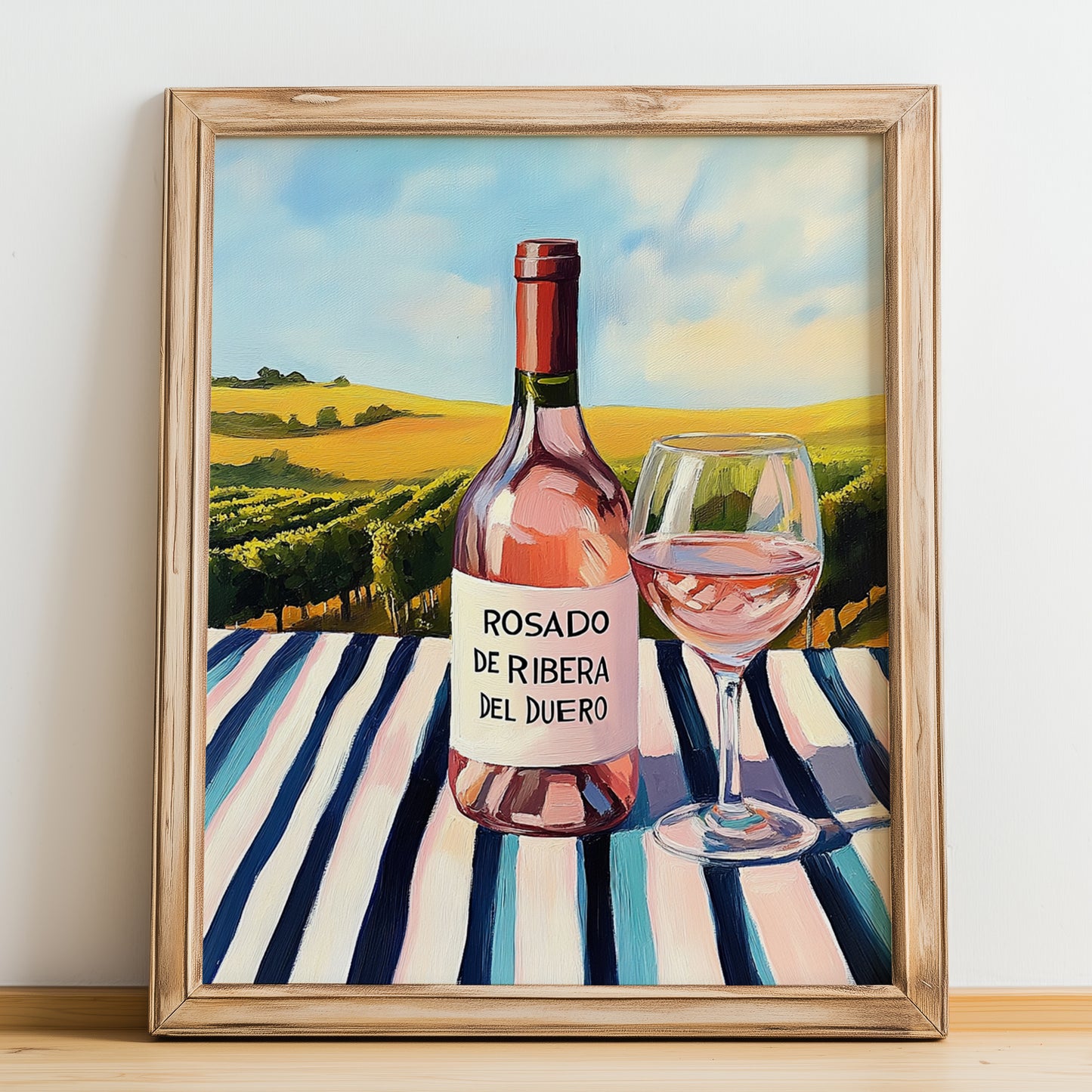 Rosado de Ribera del Duero – Spanish Rose Wine, Vineyard Terrace Wall Art, no-text version framed in wood
