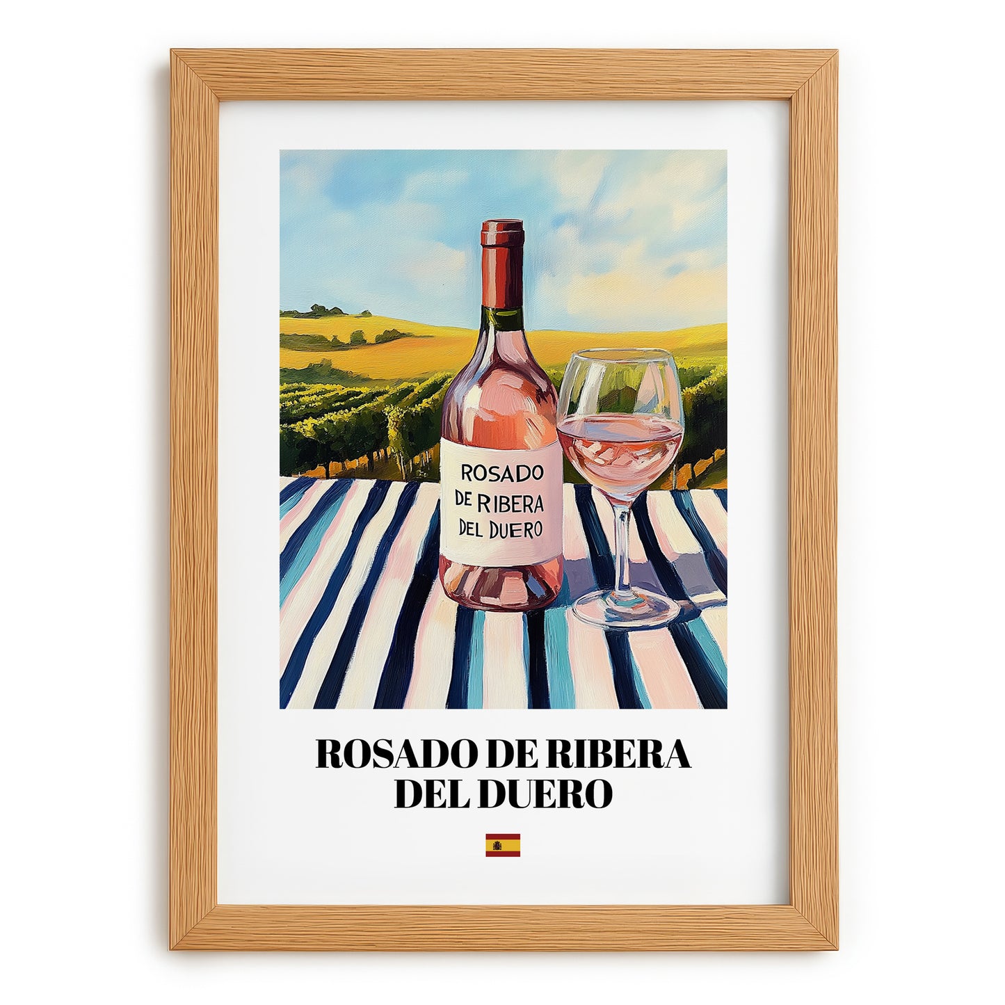 Rosado de Ribera del Duero – Spanish Rose Wine, Vineyard Terrace Wall Art, set in oak frame