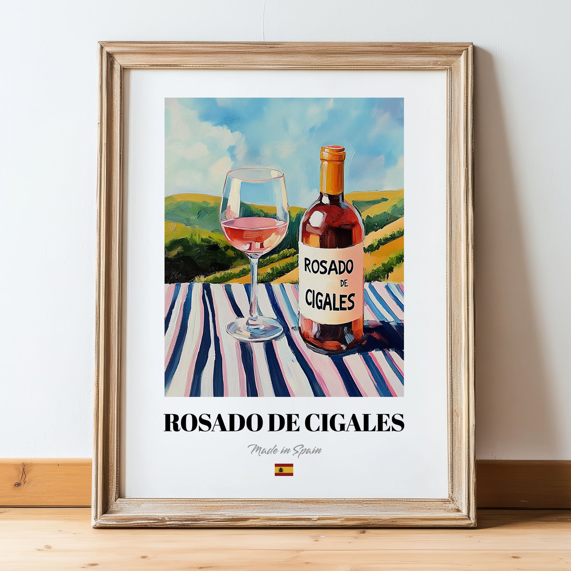 Rosado de Cigales – Spanish Rose Wine, Vinoteca Poster, in wooden frame leaning on the floor