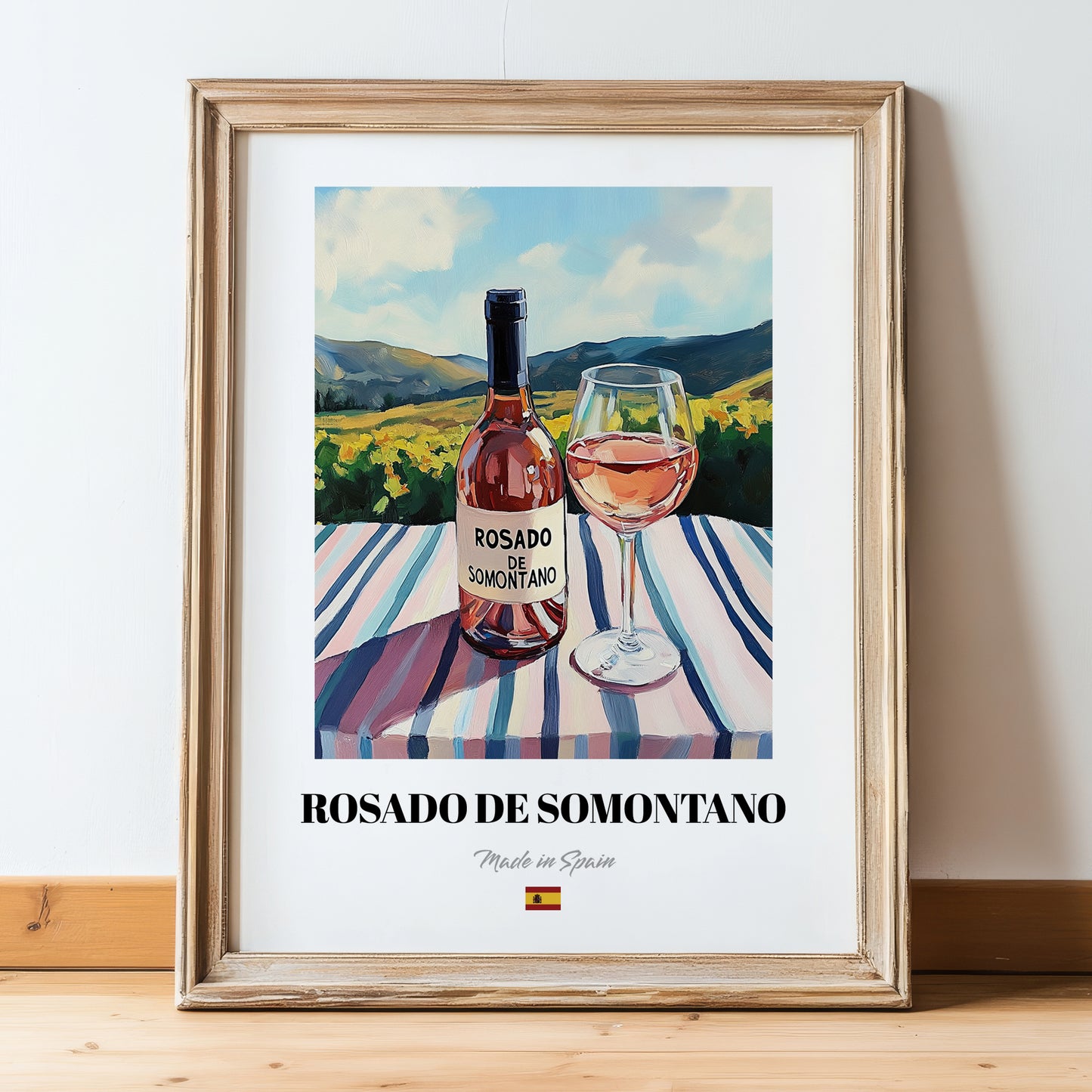 Rosado de Somontano – Spanish Rose Wine, Bodega Painting, in wooden frame leaning on the floor