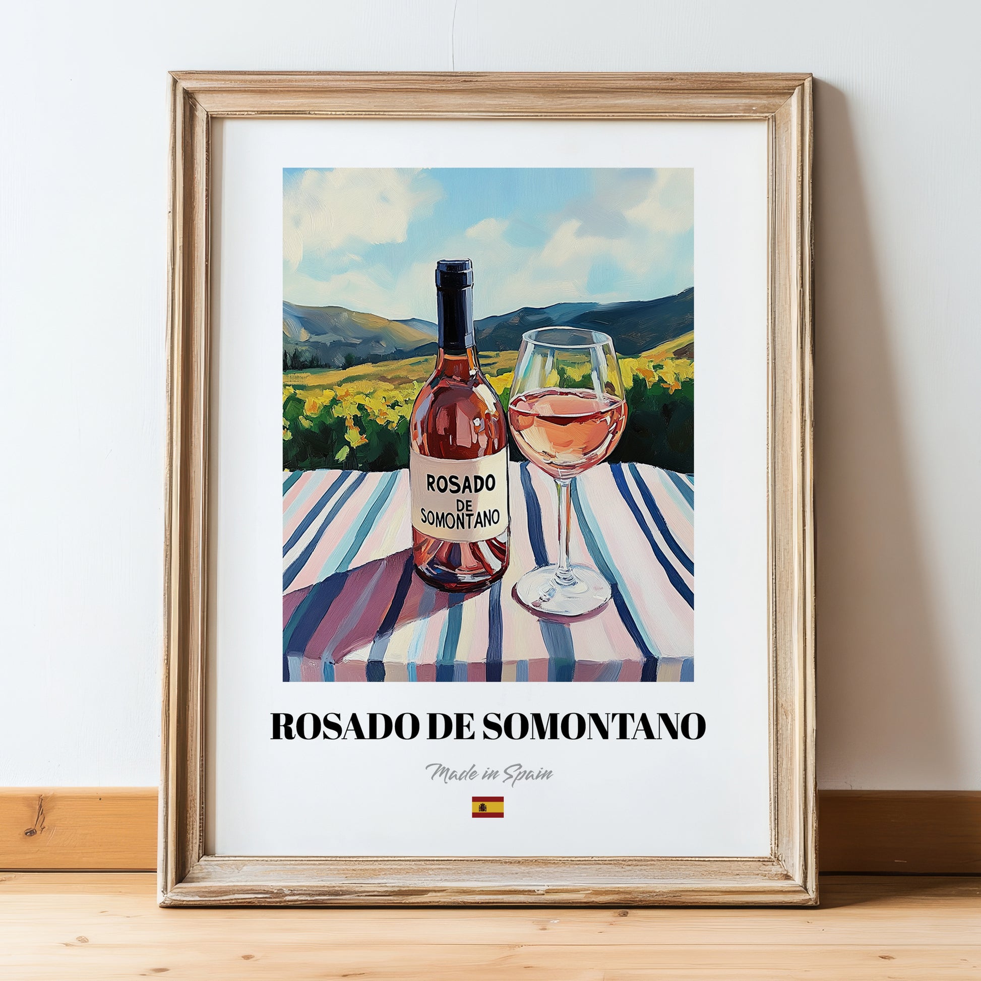 Rosado de Somontano – Spanish Rose Wine, Bodega Painting, in wooden frame leaning on the floor