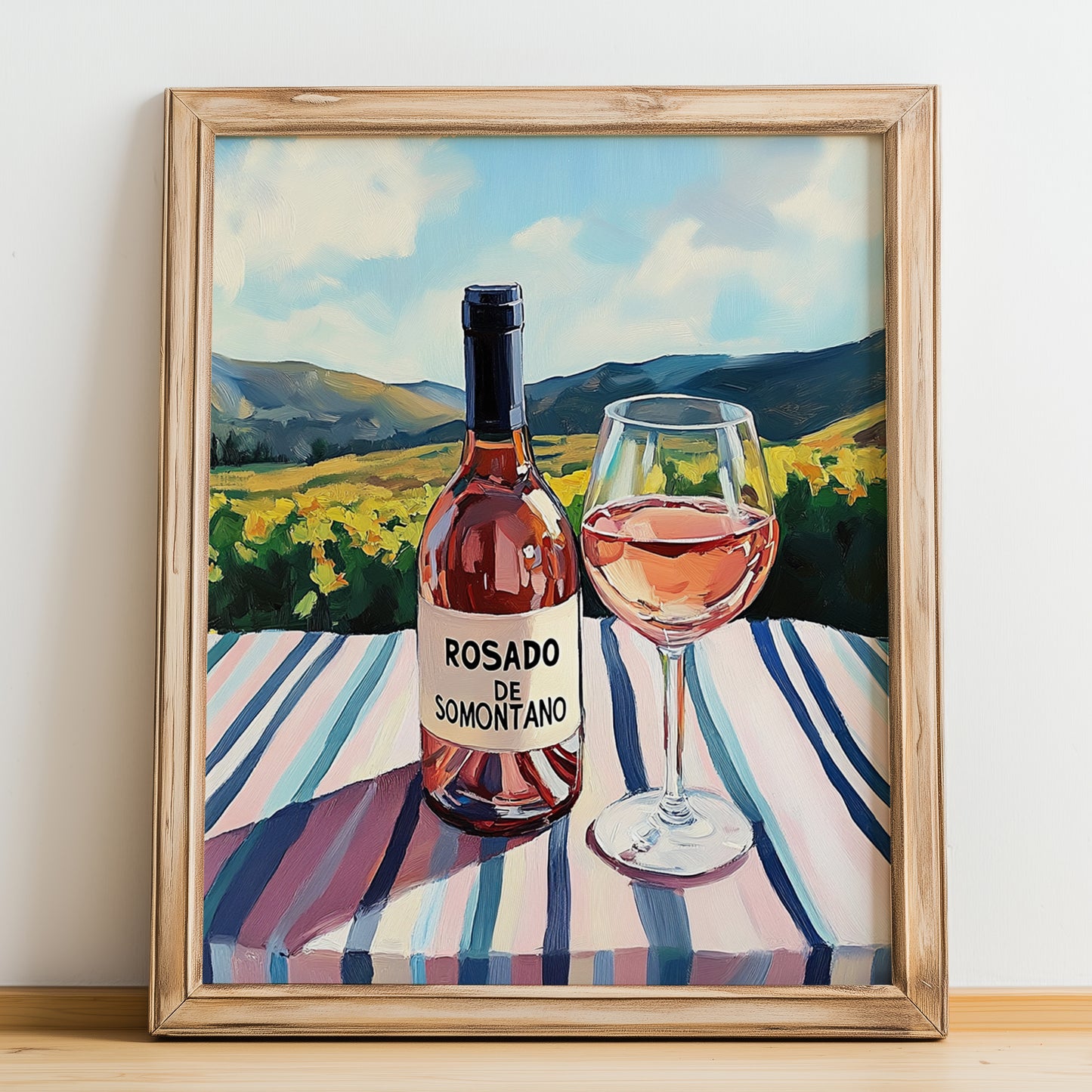 Rosado de Somontano – Spanish Rose Wine, Bodega Painting, no-text version framed in wood