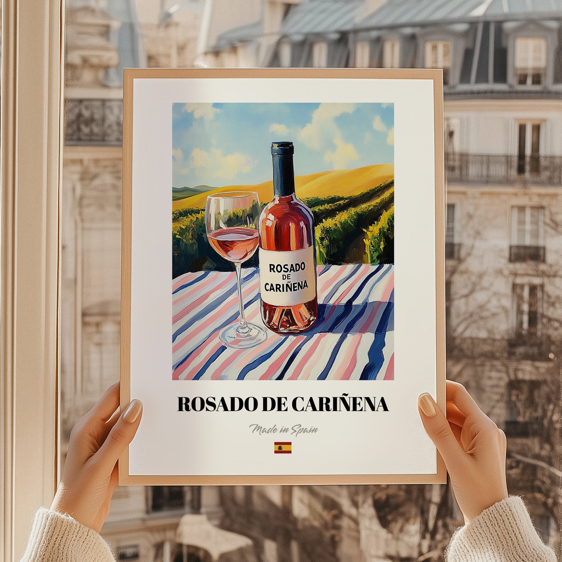 Rosado de Cariñena – Spanish Rose Wine, Wine Bar Poster, styled in a charming Paris street view
