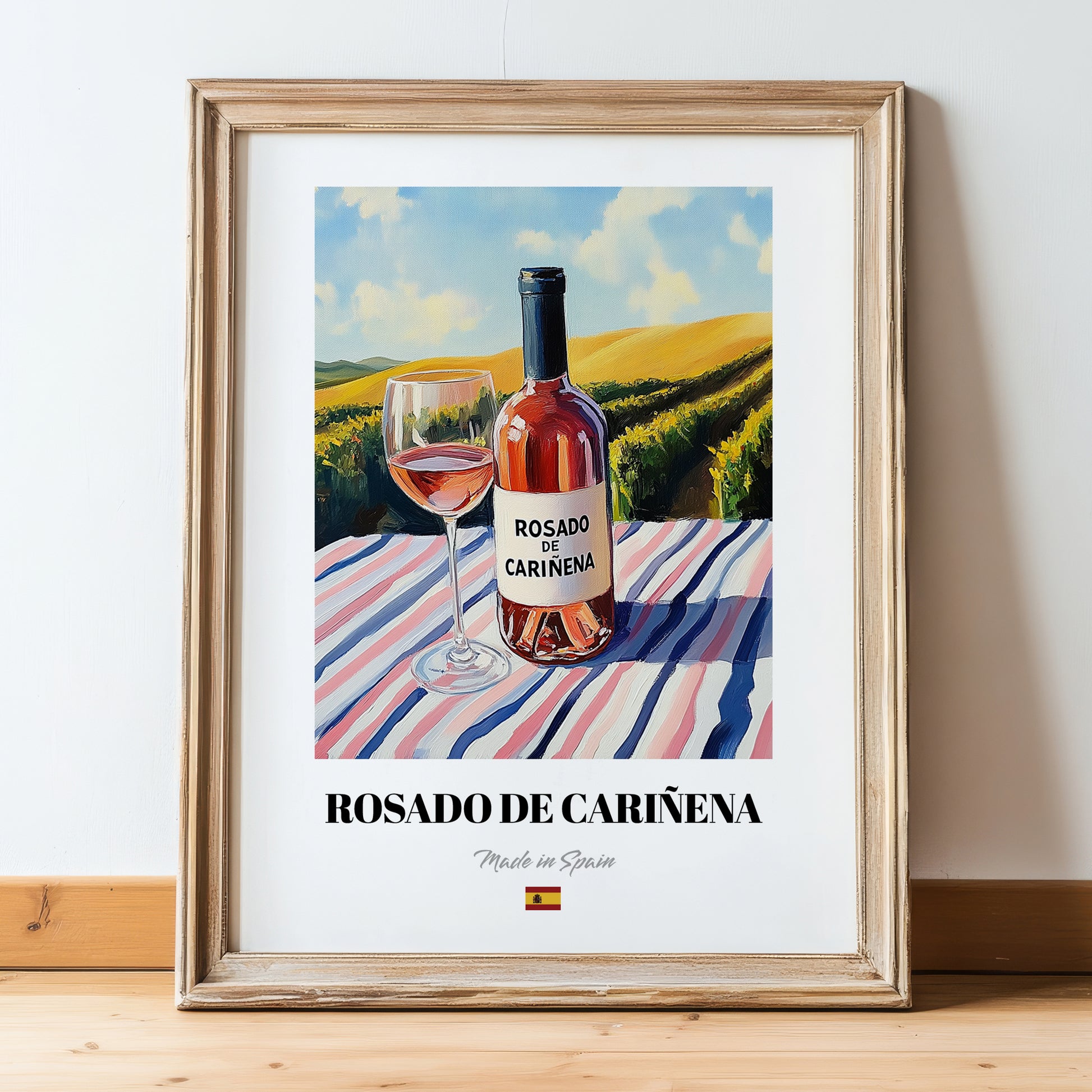 Rosado de Cariñena – Spanish Rose Wine, Wine Bar Poster, in wooden frame leaning on the floor